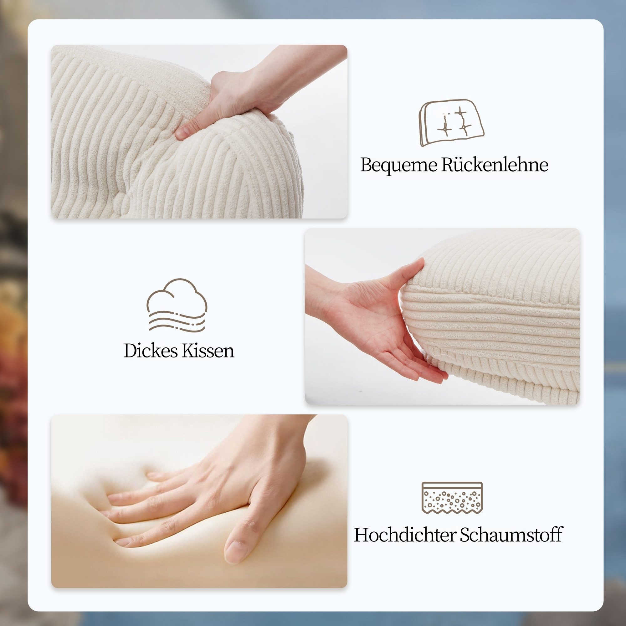 IWMH Chefsessel Dick Schreibtischstuhl mit Rollen, Cordstoff Bürostuhl ohne Armlehnen (Lesesessel mit 15cm dickem Sitzkissen), Höhenverstellbar Drehstuhl für Schlafzimmer Wohnzimmer Schminktisch