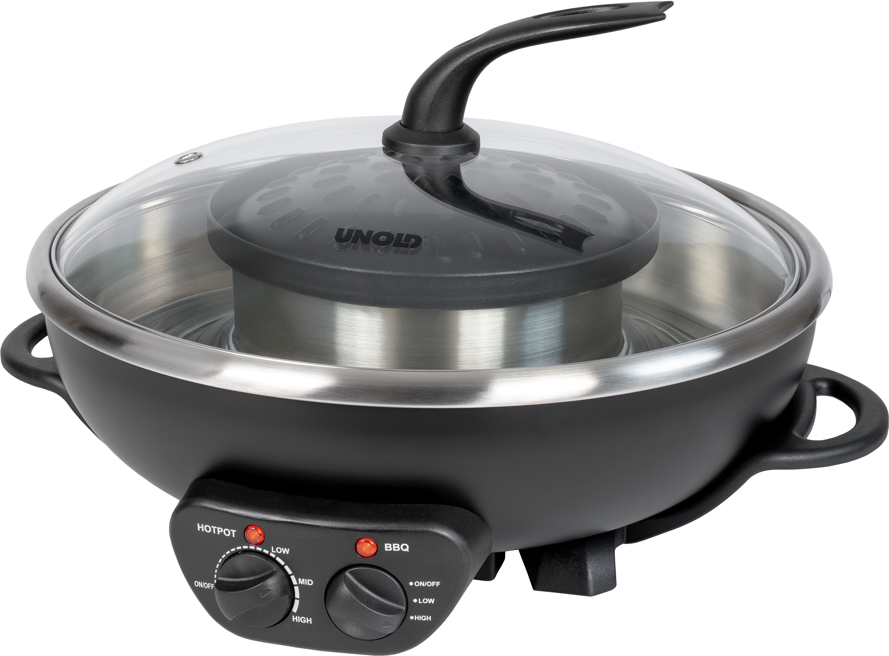 Unold Fondue Asia Hot Pot, Genoppte Antihaft-Grillplatte, inklusive 4 Fondue-Körbchen