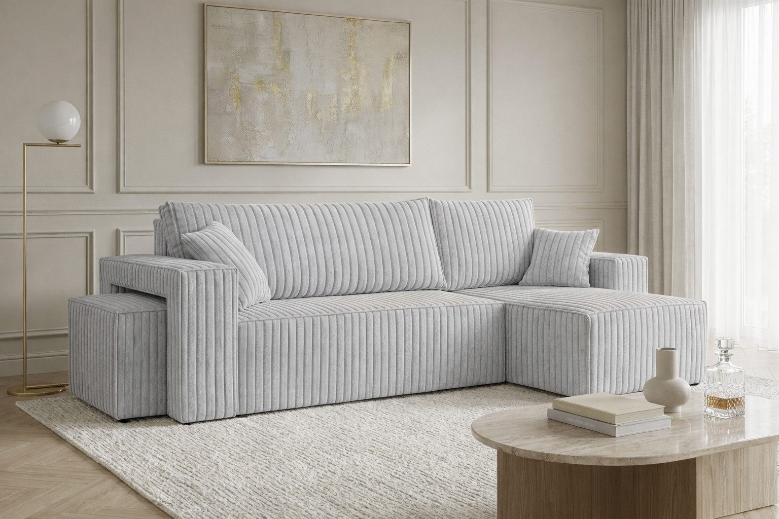 Kaiser Möbel Ecksofa mit Schlaffunktion für Wohnzimmer, Cordstoff Tilia, BEST L mit Pouf, Ecksofa mit Pouf, inkl. Pouf,Liegefunktion, Stauraum, Cordstoff,kompakte L-Form