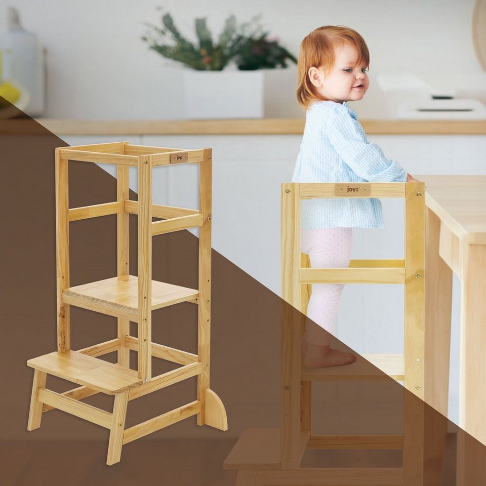 Joyz Kinderstuhl Lernturm Lerntower mit Schutzstab Hochstuhl Schemel  Montessori, ab 1 Jahr aus Natur Holz verstellbar 2 Stufen Tritthocker