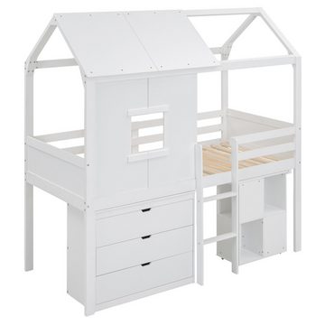 Flieks Hochbett Kiefer Kinderbett Hausbett mit Schreibtisch und 3 Schubladen 90x200cm