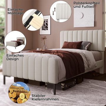 WISHDOR Polsterbett Einzelbett Stauraumbett Bett (90 x 200 cm Beige ohne Matratze), Bettgestell mit Lattenrost und Verstellbares Kopfteil