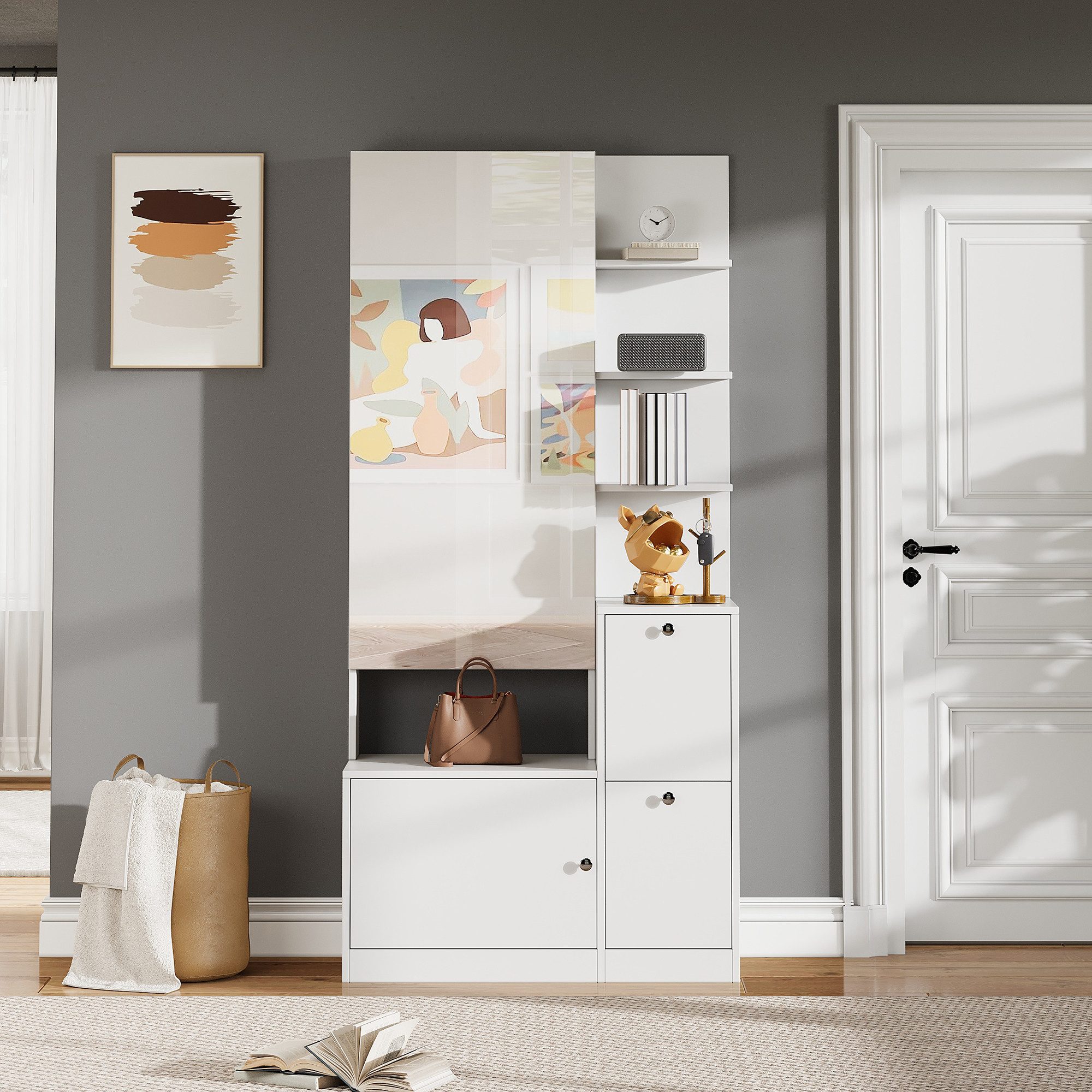Odikalo Hochschrank Flurgarderobe mit Spiegel und Schuhschrank (85*40*180cm,Flurschrank,Flur Garderobenständer,Aufbewahrungsschrank mit zwei Türen,Vitrine mit 5 Ablageflächen)
