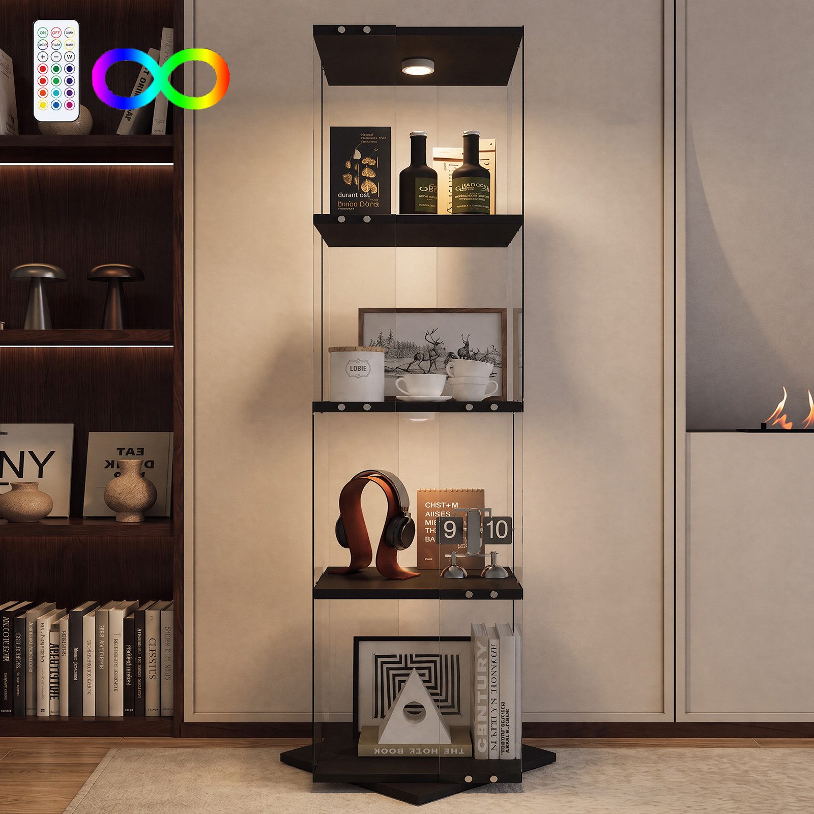 BELUPAI Glasvitrine 360° drehbarer Standregal Glasvitrine mit Beleuchtung (Set, 1-St., 4-Lagen Vitrinenschrank) Klares Hartglas,Schwarz