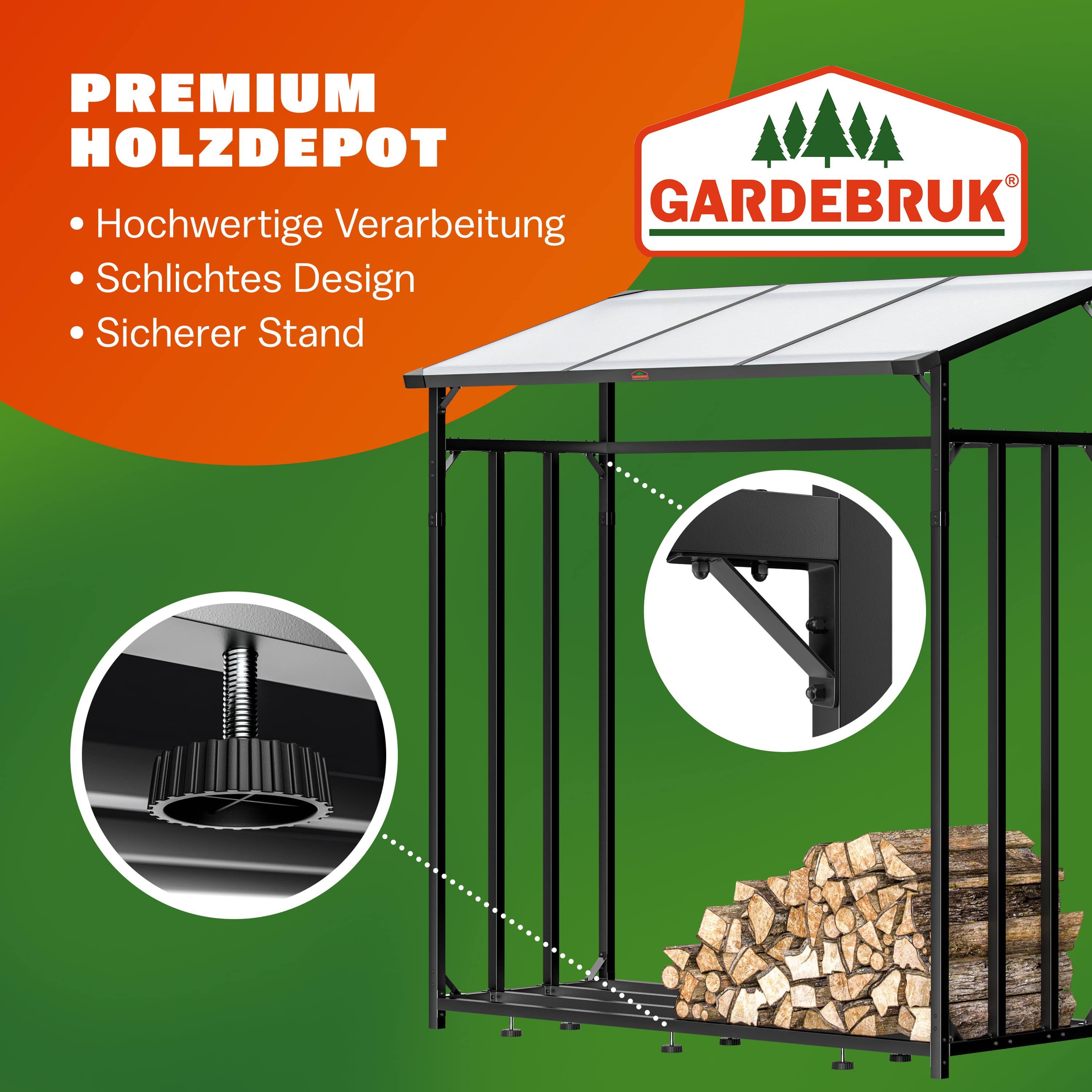 Gardebruk Kaminholzregal, BxTxH:198x163x70 cm, Außen Stahl XXL Schwarz mit Dach Abdeckung Holzunterstand Holzlager