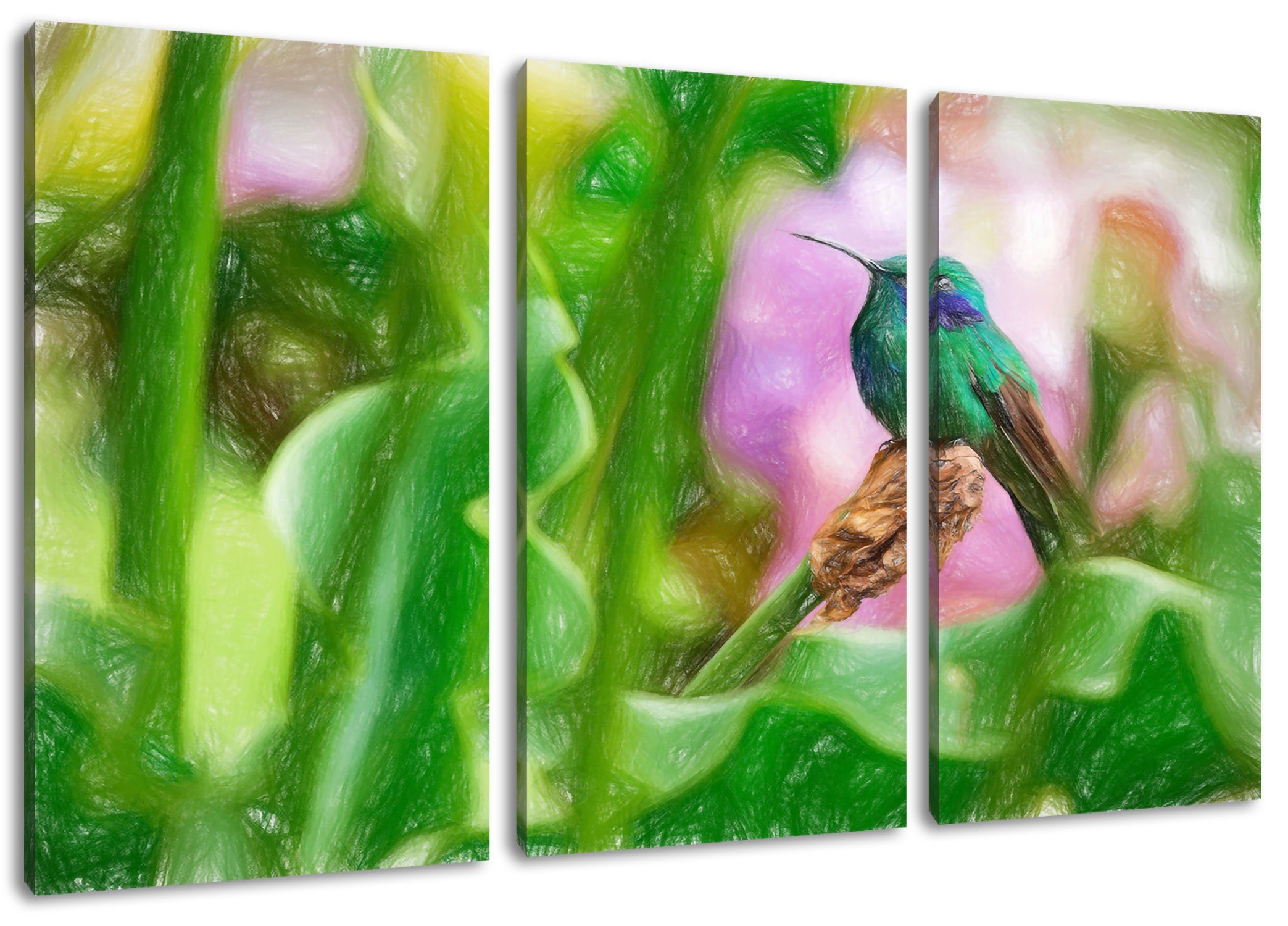 Pixxprint Leinwandbild Kolibri in seinem Lebensraum, Kolibri in seinem Lebensraum 3Teiler (120x80cm) (1 St), Leinwandbild fertig bespannt, inkl. Zackenaufhänger