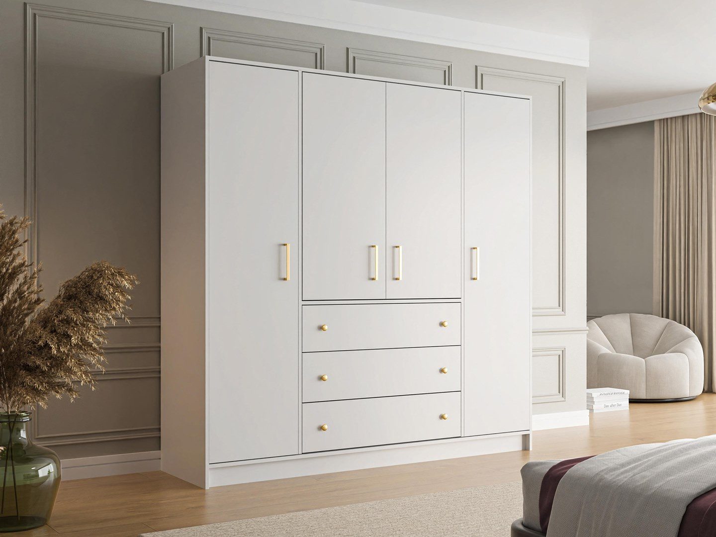 Beautysofa Drehtürenschrank RILO mit 4 Türen und goldfarbene Griffe (Kleiderstange, 8 Regalböden, 3 Schubladen, Farbe: Weiß oder Schwarz) Breite: 196 cm