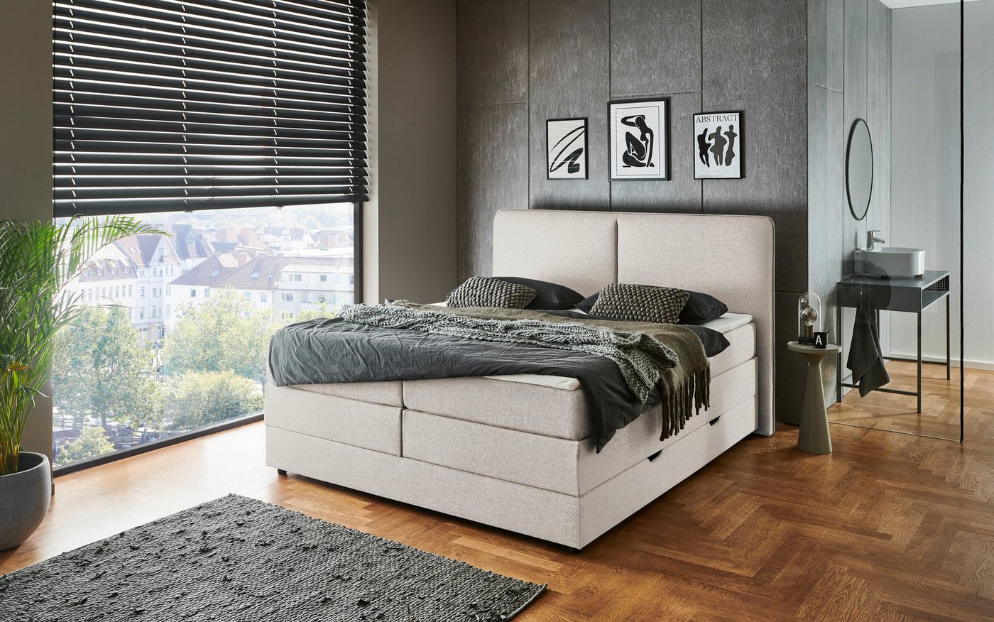 meise.möbel Boxbett COLUMBIA, Polsterbett mit Bettkasten und Taschenfederkernmatratze H3, mit Kaltschaum-Topper, Strukturstoff-Bezug, Liegefläche 180x200 cm