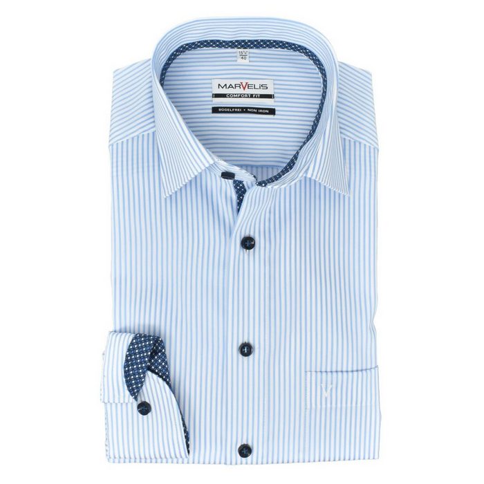 MARVELIS Businesshemd Businesshemd - Comfort Fit - Langarm - Gestreift - Hellblau/Weiß mit Besatz