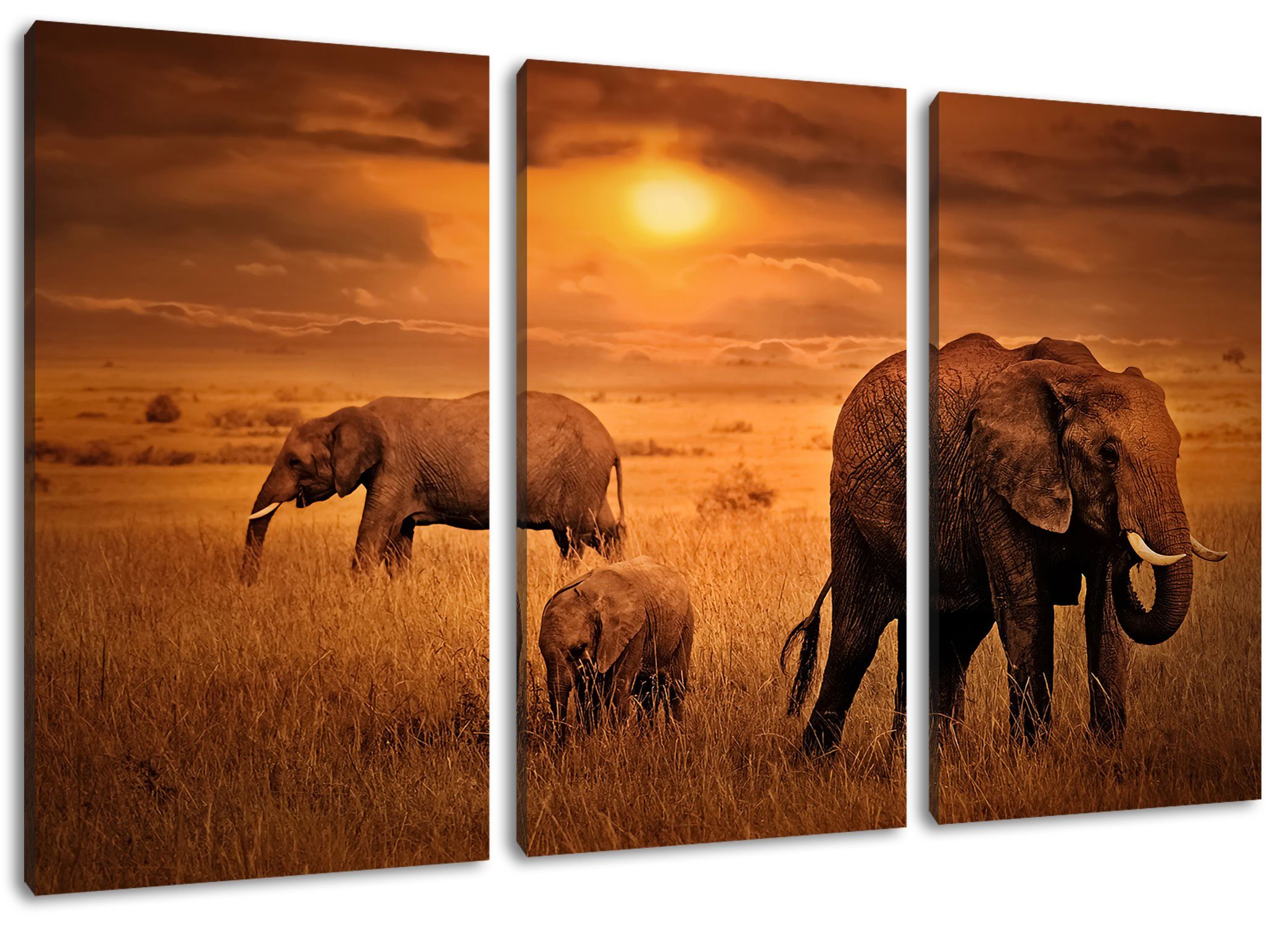 Pixxprint Leinwandbild inkl. in Elefanten bespannt, in fertig der Leinwandbild Zackenaufhänger Savanne, (1 St), 3Teiler Savanne (120x80cm) der Elefanten