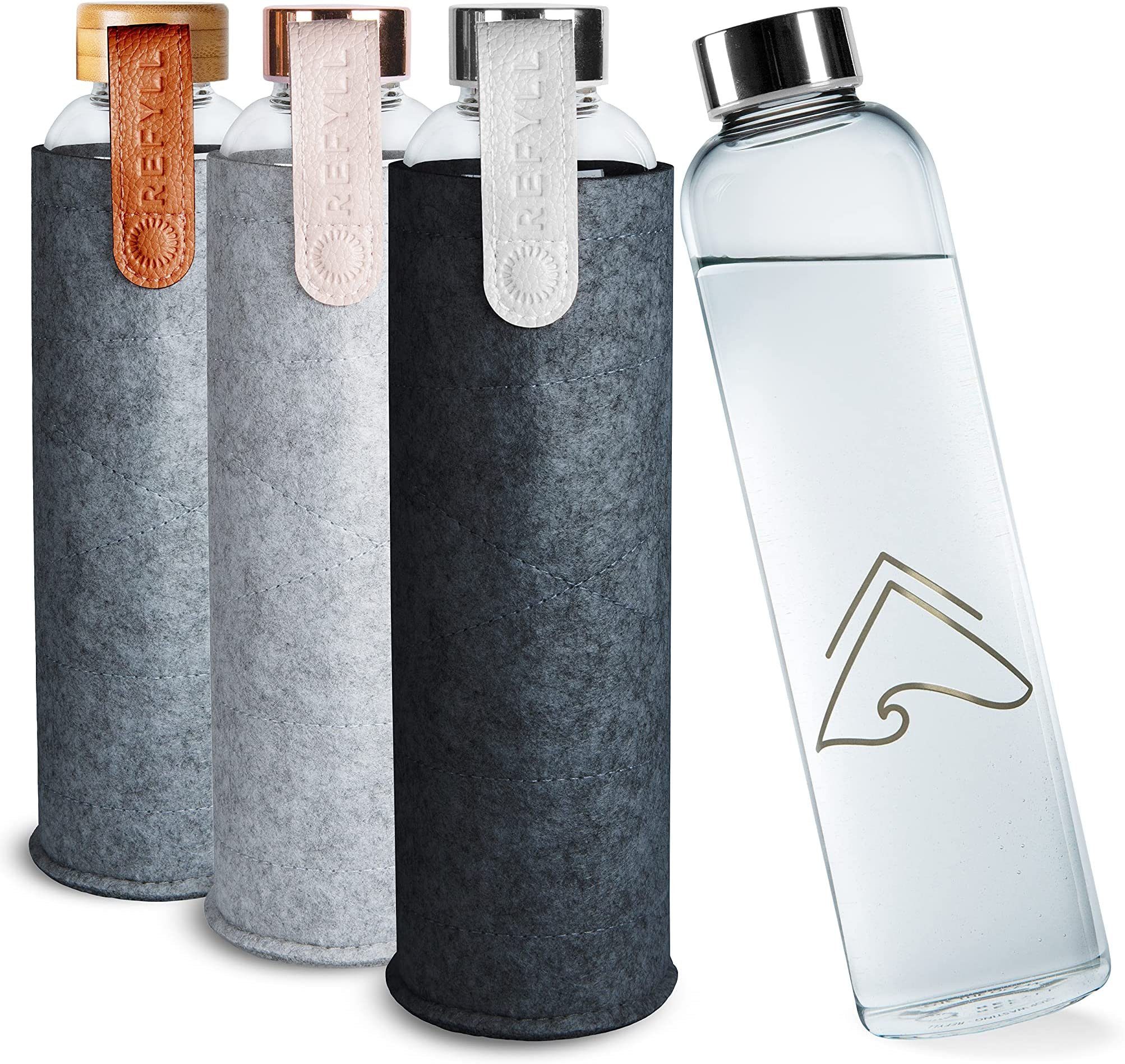 REFYLL Trinkflasche I 750ml Cover BPA-frei, mit mit Filzhülle mit Designer Glasflasche I I Schutzhülle "pureFyll" 0,75L Trinkflasche silber Wasserflasche