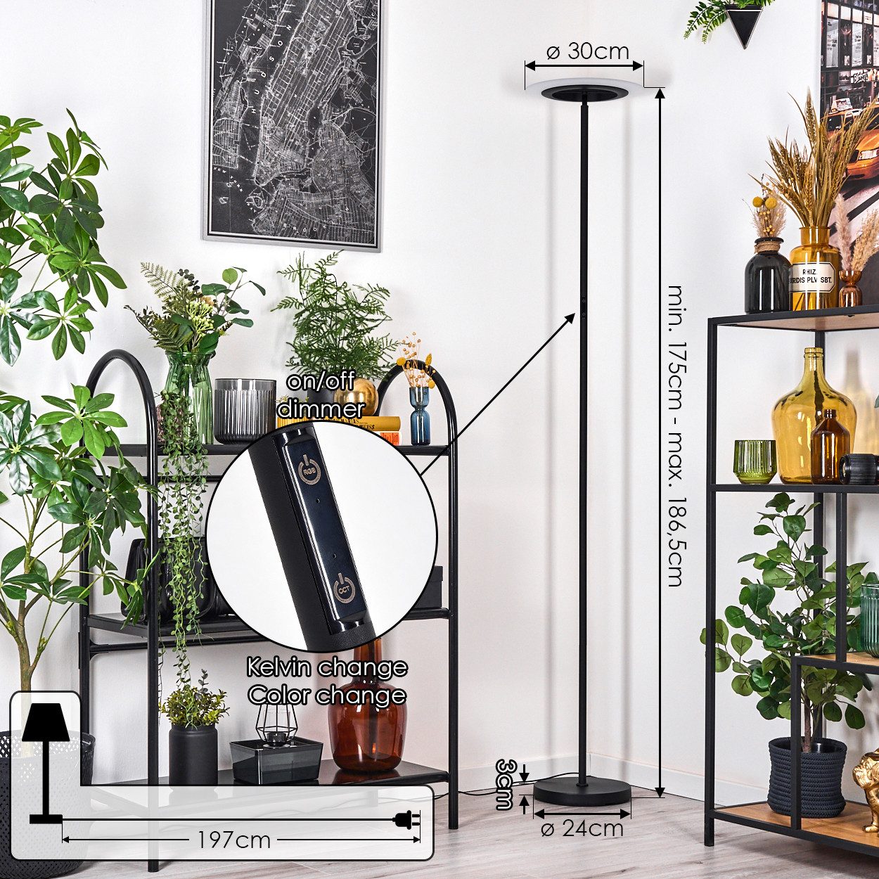 hofstein Stehlampe dimmbare Stehlampe aus Metall/Glas in Schwarz/Weiß, ohne Leuchtmittel, verstellbare Leuchte im modernen Design, Touchdimmer, CCT, 186,5 cm