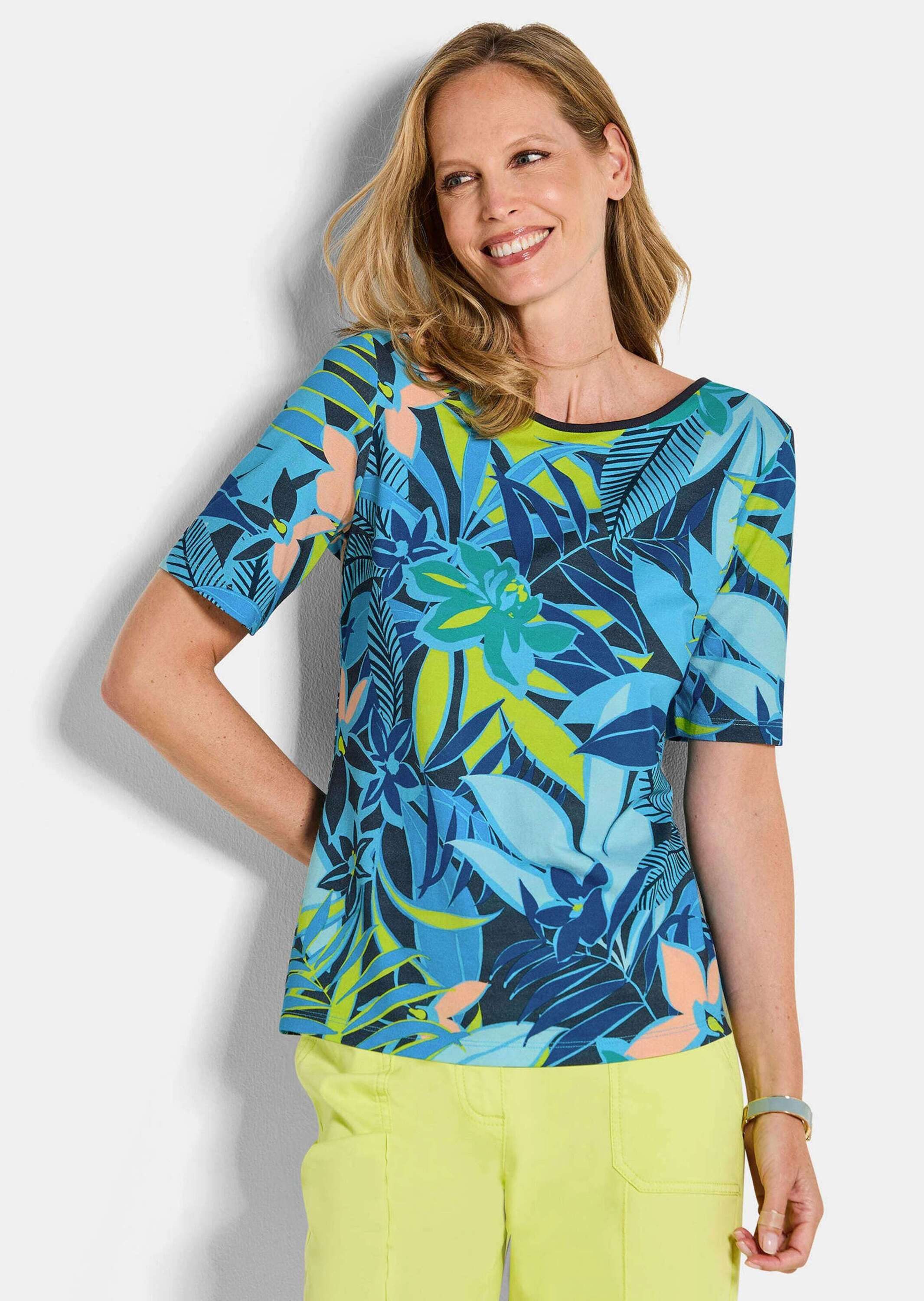GOLDNER T-Shirt Druckshirt mit floralem Print Viskoseshirt mit U-Boot-Ausschnitt und Halbarm