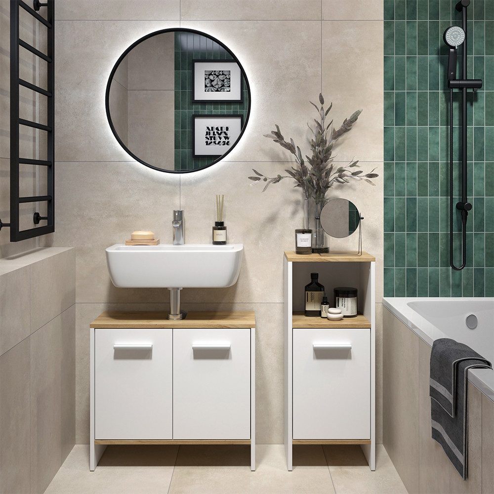 Vicco Badmöbel-Set Karli, Weiß/Goldkraft Eiche, 2 Teile, (2-St., 2er Set)