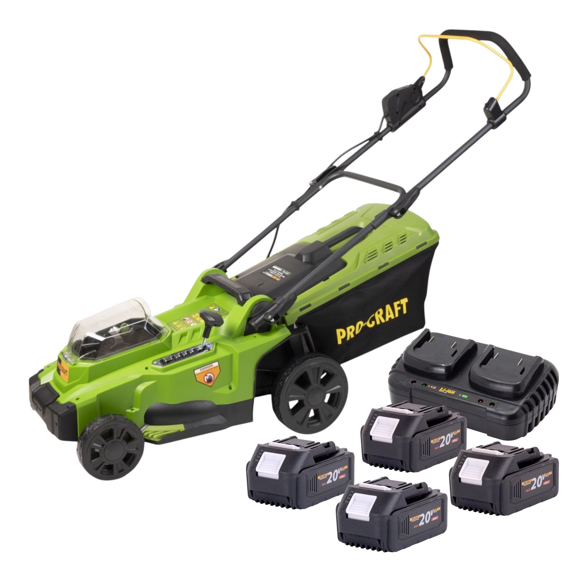 PRO CRAFT Akkurasenmäher PLM20bb Akku Rasenmäher 40 V (2x 20 V) 370 mm Brushless + 4x Akku