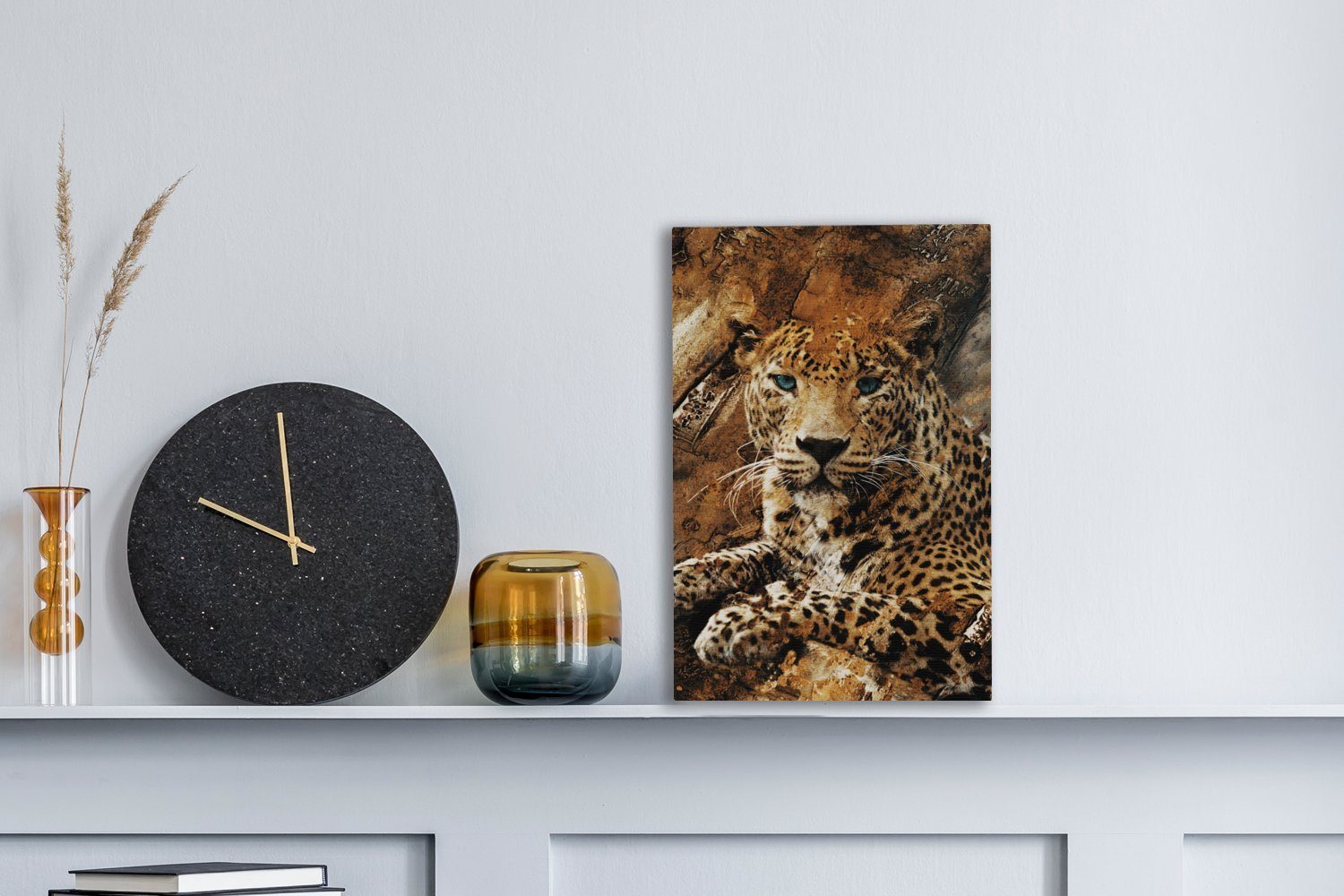 Gemälde, Leinwandbild Steine fertig - 20x30 inkl. Leinwandbild Leopard - OneMillionCanvasses® Zackenaufhänger, bespannt cm St), Wand, (1