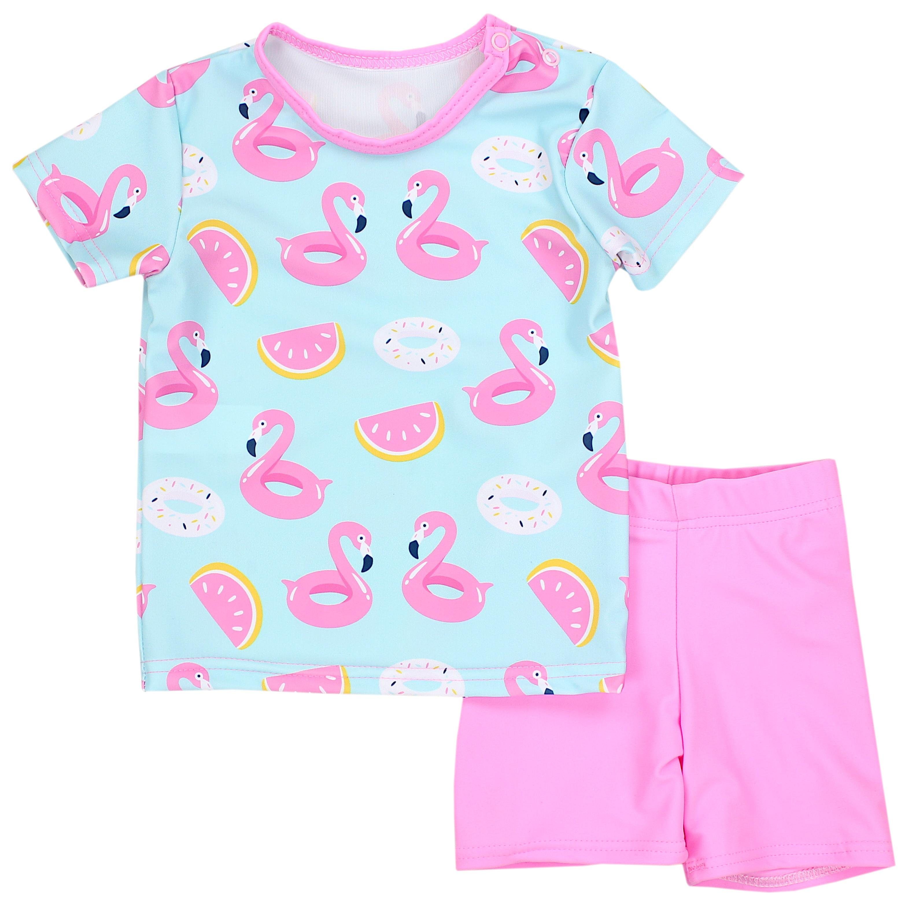 Aquarti Badeanzug Baby Mädchen Zweiteiler Kinder Badeanzug Set Shirt Badehose UV-Schutz Flamingos Hellgrün / Rosa | 