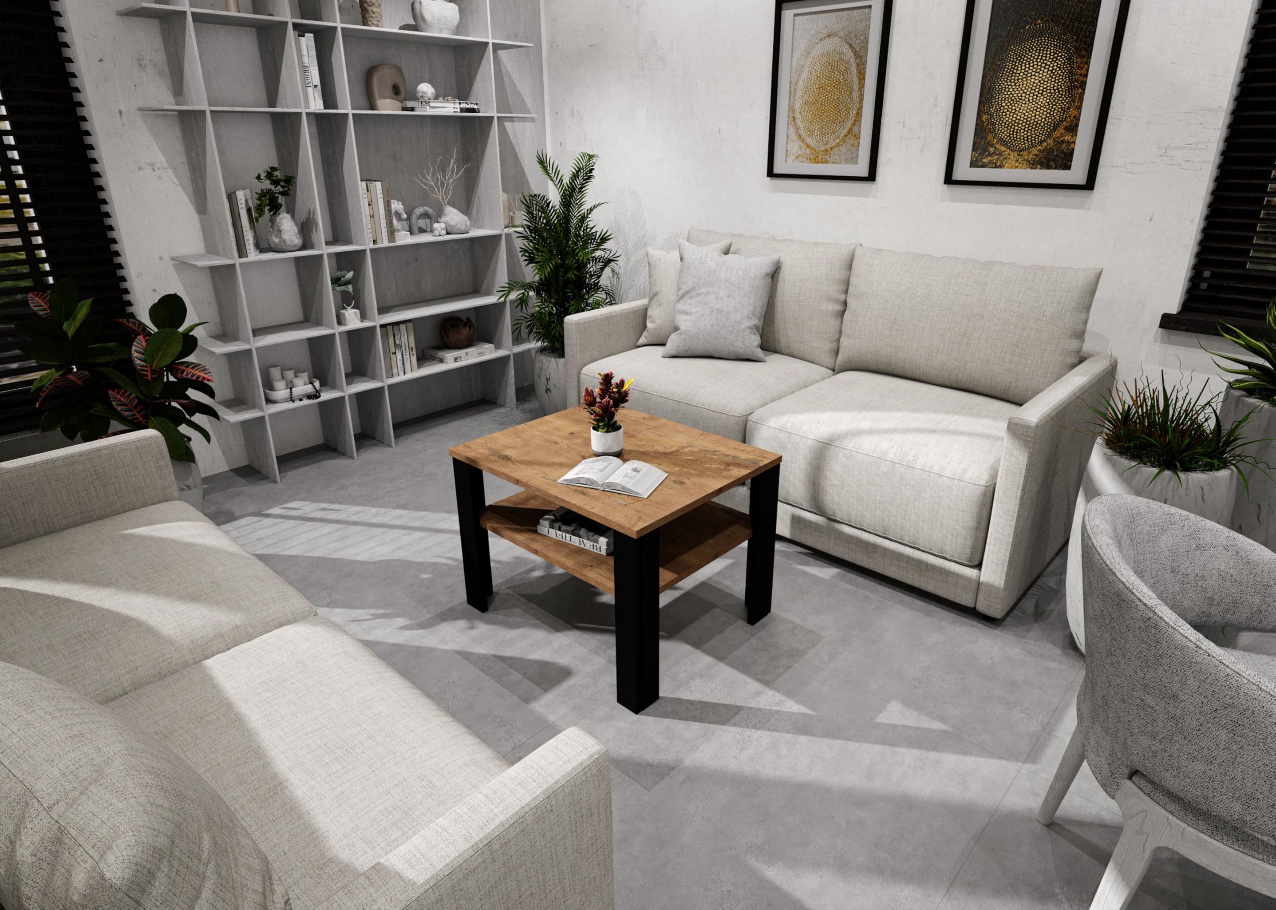 TREND WERK Couchtisch mit zusätzlicher Ablagefläche in 53×53×47 cm und 92×50×45 cm (Moderner Wohnzimmertisch im Retro Loft Design), Stabiler Beistelltisch für Wohnzimmer, Büro & Lounge