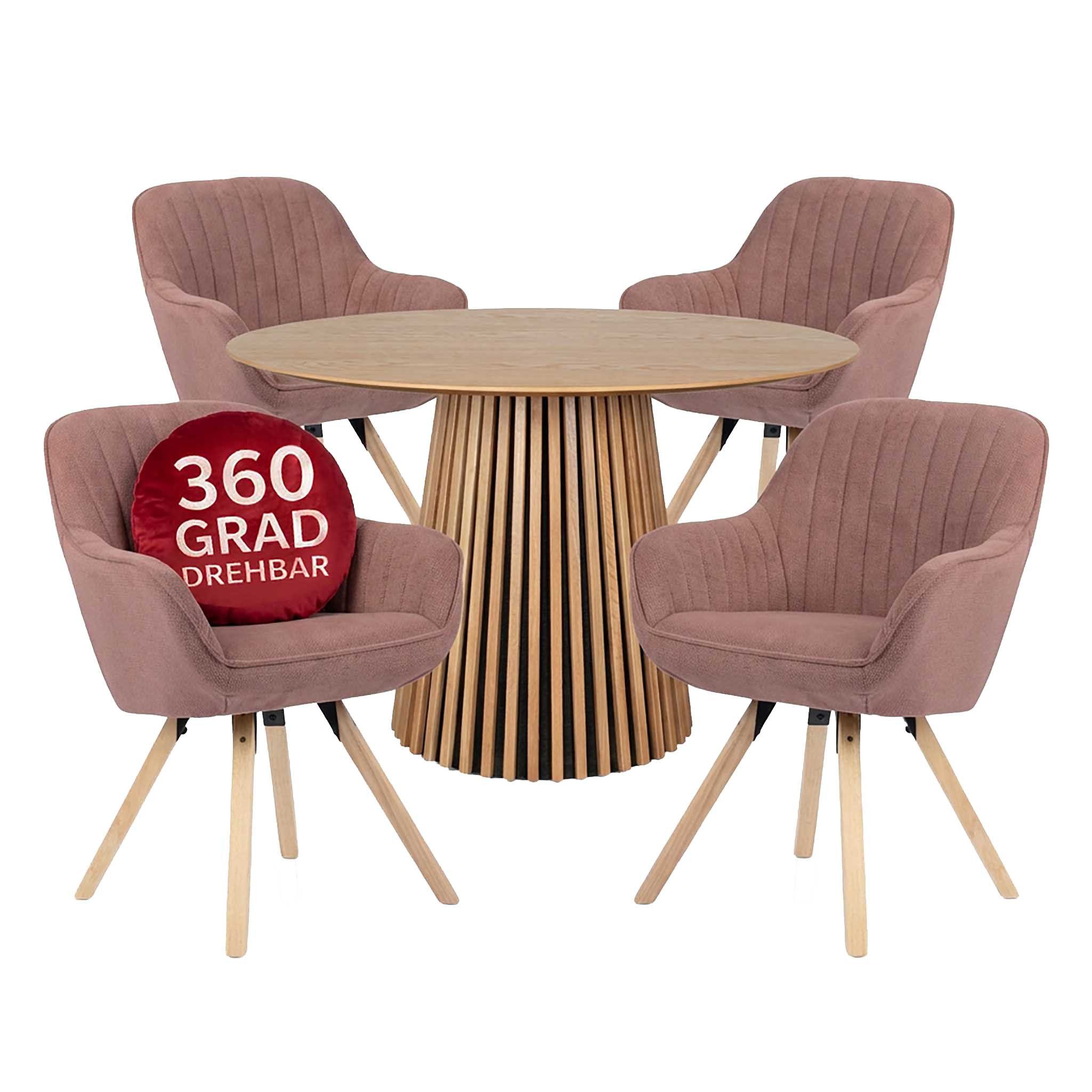 MR.DEKO Esszimmer-Set Esstisch rund 120 cm mit 4 Esszimmerstühlen Rosé Matera, (5-teiliges Essgruppe-Set mit 4 Sesseln & Eichentisch, 5-St), 4 drehbare Sessel in Rose & runder Tisch aus Natureiche