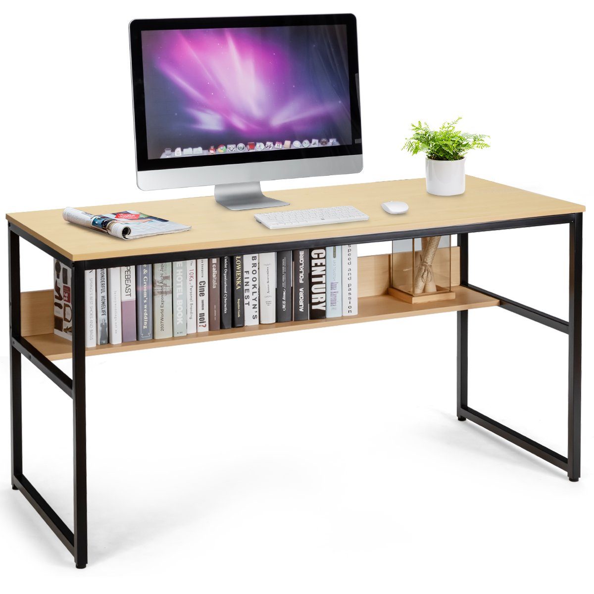 COSTWAY Schreibtisch, mit Ablagefläche, Metallstruktur, 140x60x76cm Natur