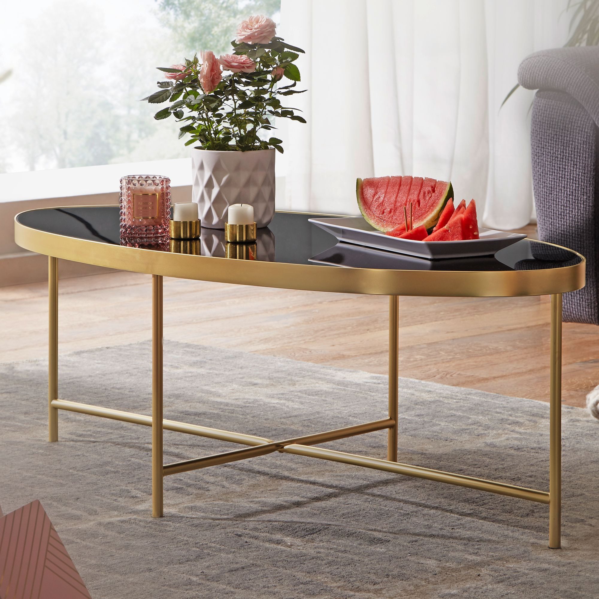 FINEBUY Couchtisch FB53025 (Schwarz - Oval 110 x 56 cm mit Gold Metallgestell), Großer Wohnzimmertisch, Beistelltisch Modern