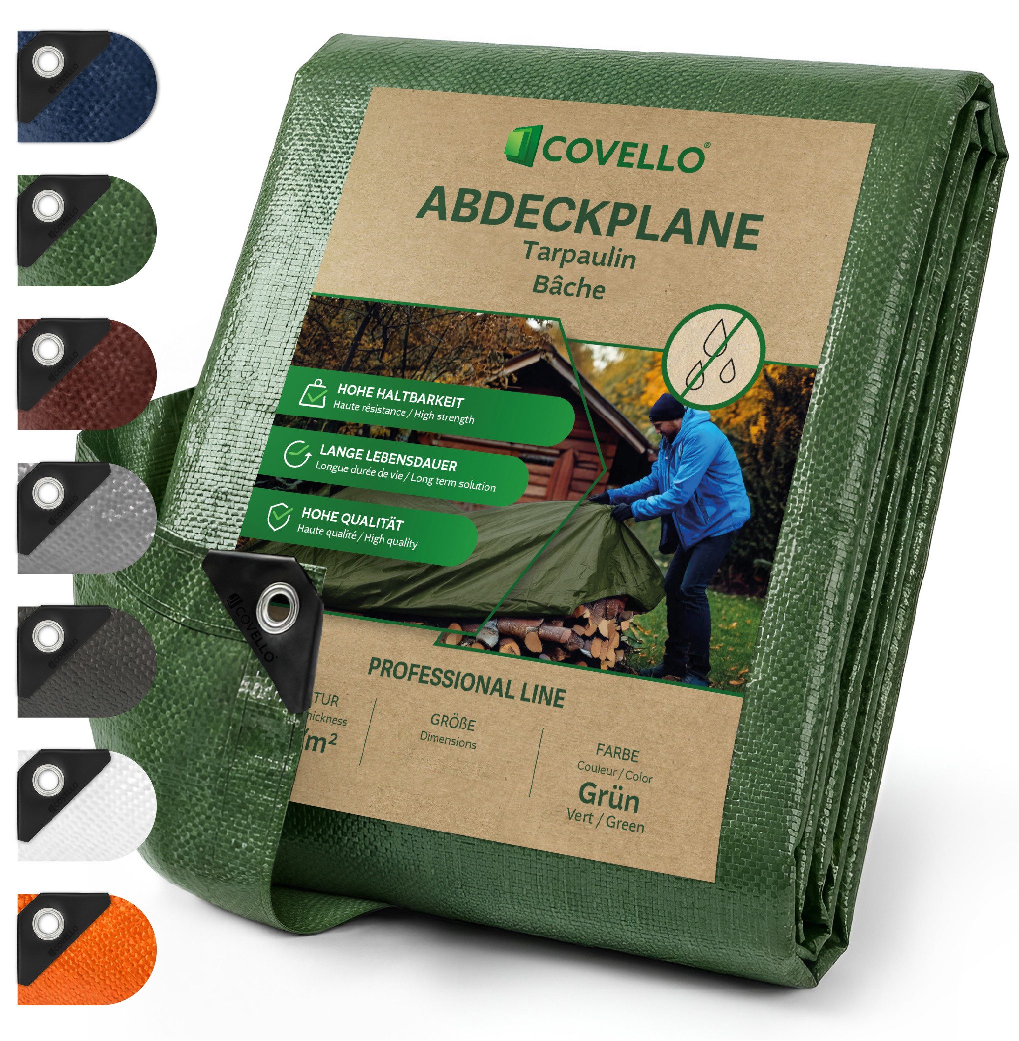 Covello Schutzplane 180g/m² grün, Abdeckplane mit Ösen wasserdicht, Plane UV-stabilisiert in vielen verschiedenen Farben & Größen