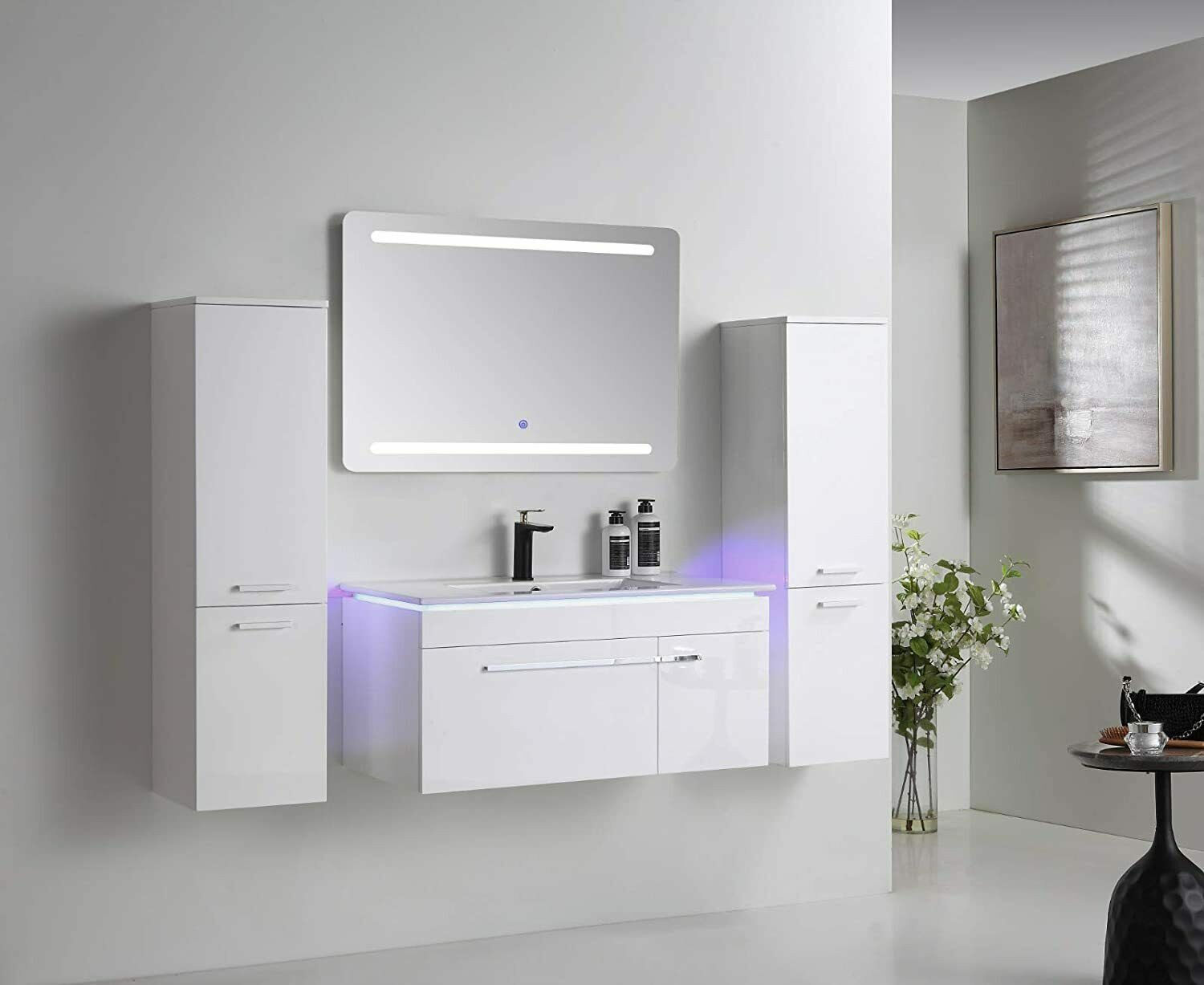 Faizee Möbel Badmöbel-Set Badmöbel set, Weiß komplett 5TLG 90/120 cm, (Komplett-Set, 5-St), LED-Spiegel mit Touch Badmöbel-Set VORMONTIERT Hochglanz lackiert