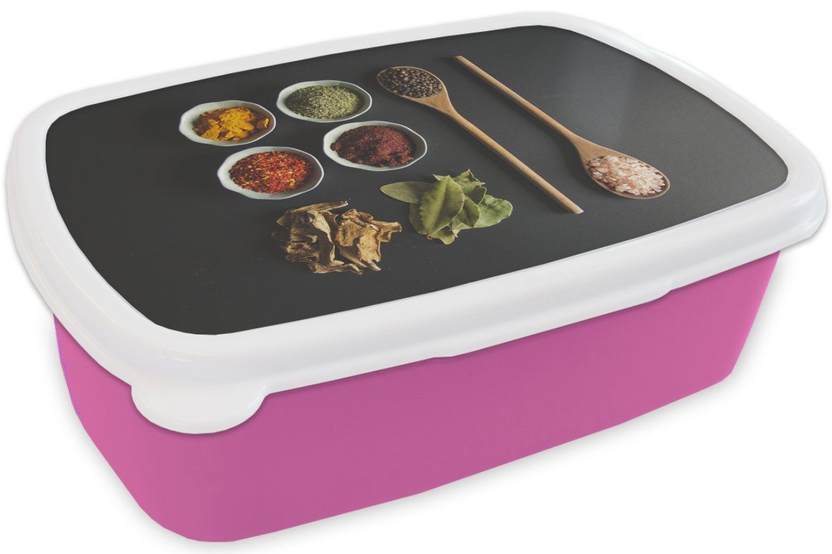 Kunststoff, für Brotbox - Mädchen, Schöpfkelle Grün Erwachsene, Gewürze Brotdose - Kunststoff - Rustikal, (2-tlg), Braun MuchoWow Snackbox, Kinder, - - Lunchbox rosa Kräuter