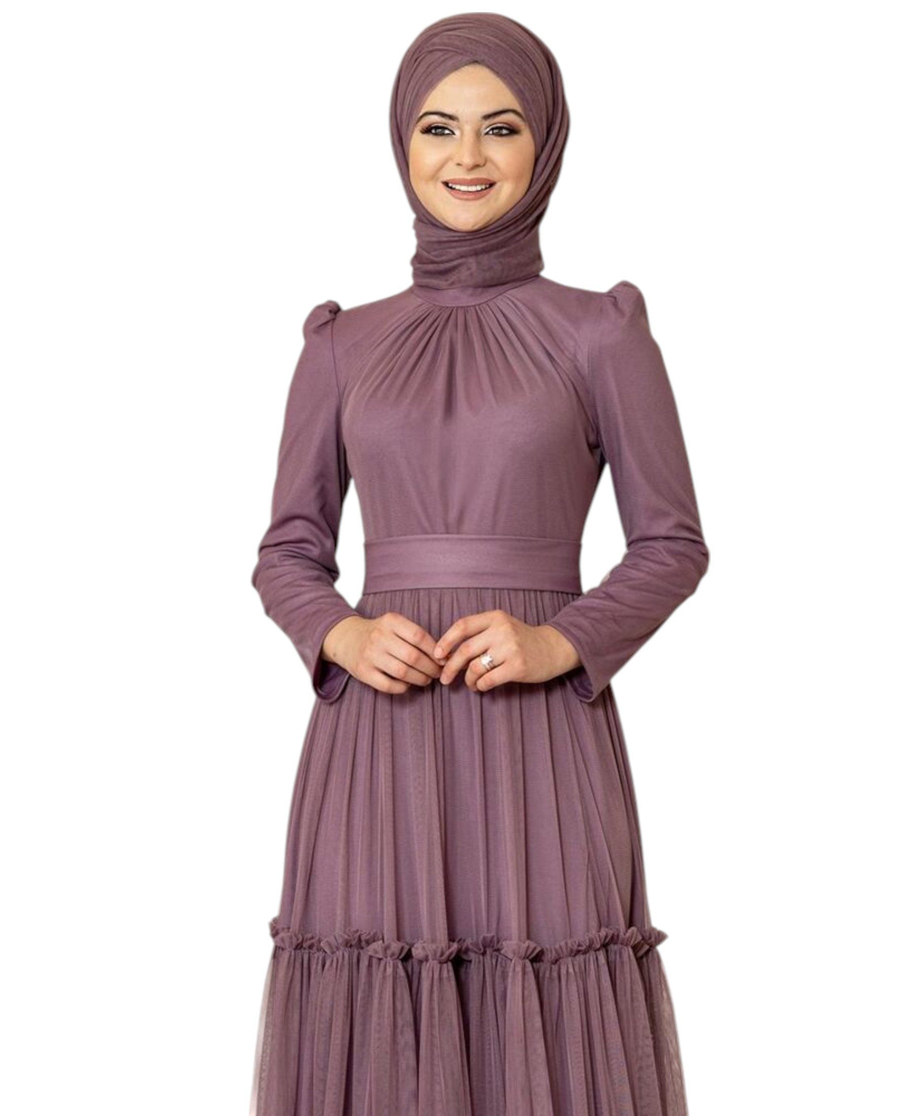 Modavitrini Abendkleid Tüllkleid mit Rüschenrock Hijab Kleid Abiye Abaya Maxikleid Mehrlagiger Tüllrock, eleganter Maxischnitt, blickdichtes Unterkleid – Bild 4 von 5