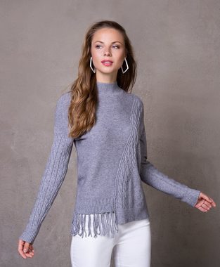Passioni Strickpullover Asymmetrischer Pullover mit raffiniertem Strickmix und Fransen mit Stehkragen