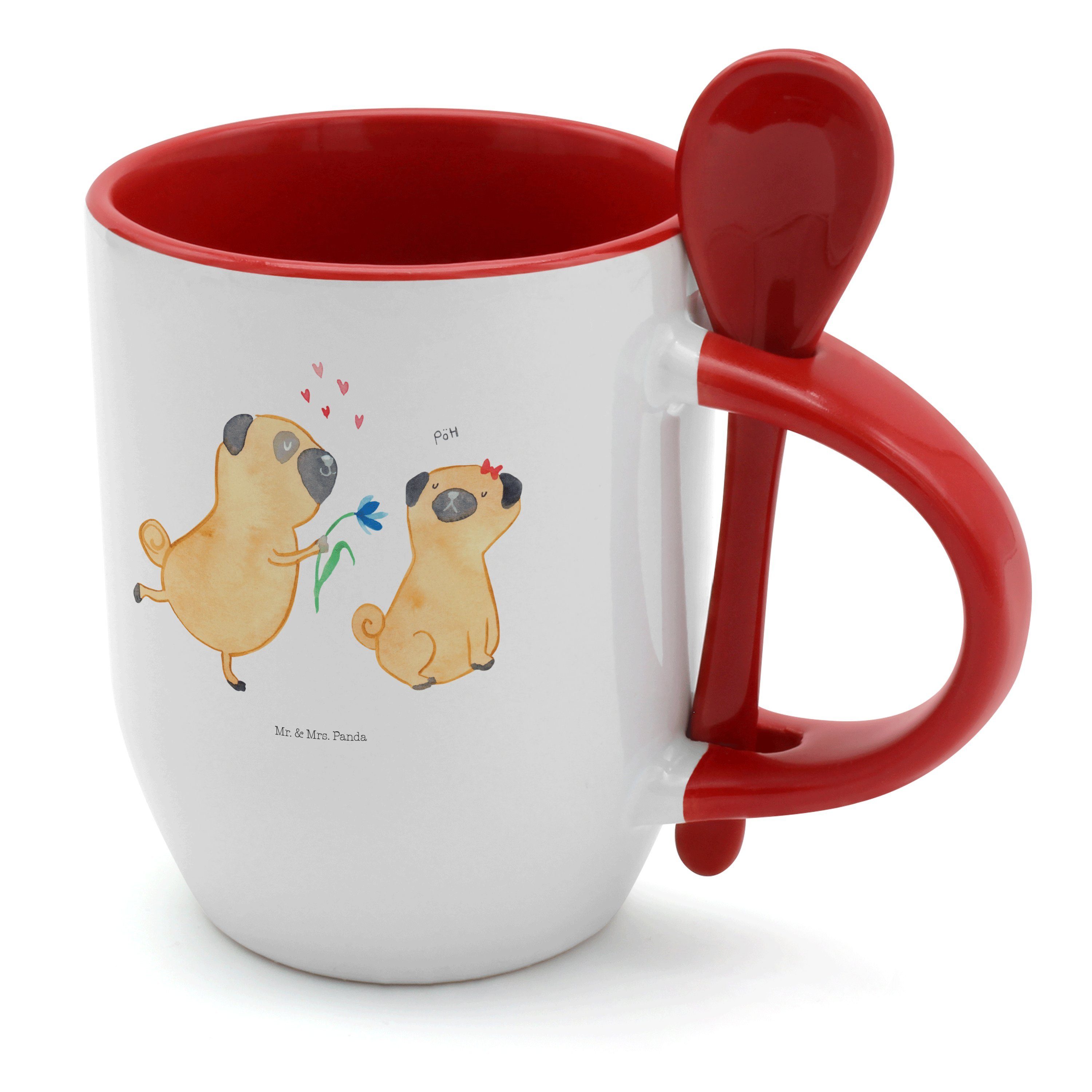 Mr. & Mrs. Panda Tasse Mops verliebt - Weiß - Geschenk, Tasse mit Löffel, Hund, Kaffeetasse, Keramik
