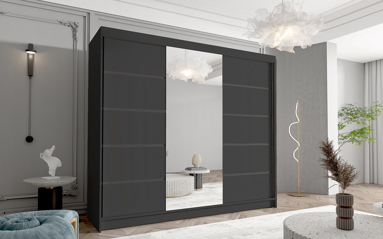 Sofnet Kleiderschrank Davos Türen, VI (mit Schwebetürenschrank 250x215x58 Schiebetüren cm Schiebetürenschrank Spiegel, - mit 3 Kleiderstange) Schwarz und