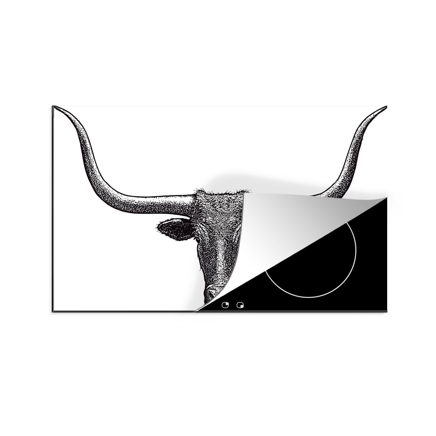 MuchoWow Herdblende-/Abdeckplatte Eine Linienillustration des Texas Longhorns, Vinyl, (1 tlg), 83x51 cm, Ceranfeldabdeckung, Arbeitsplatte für küche