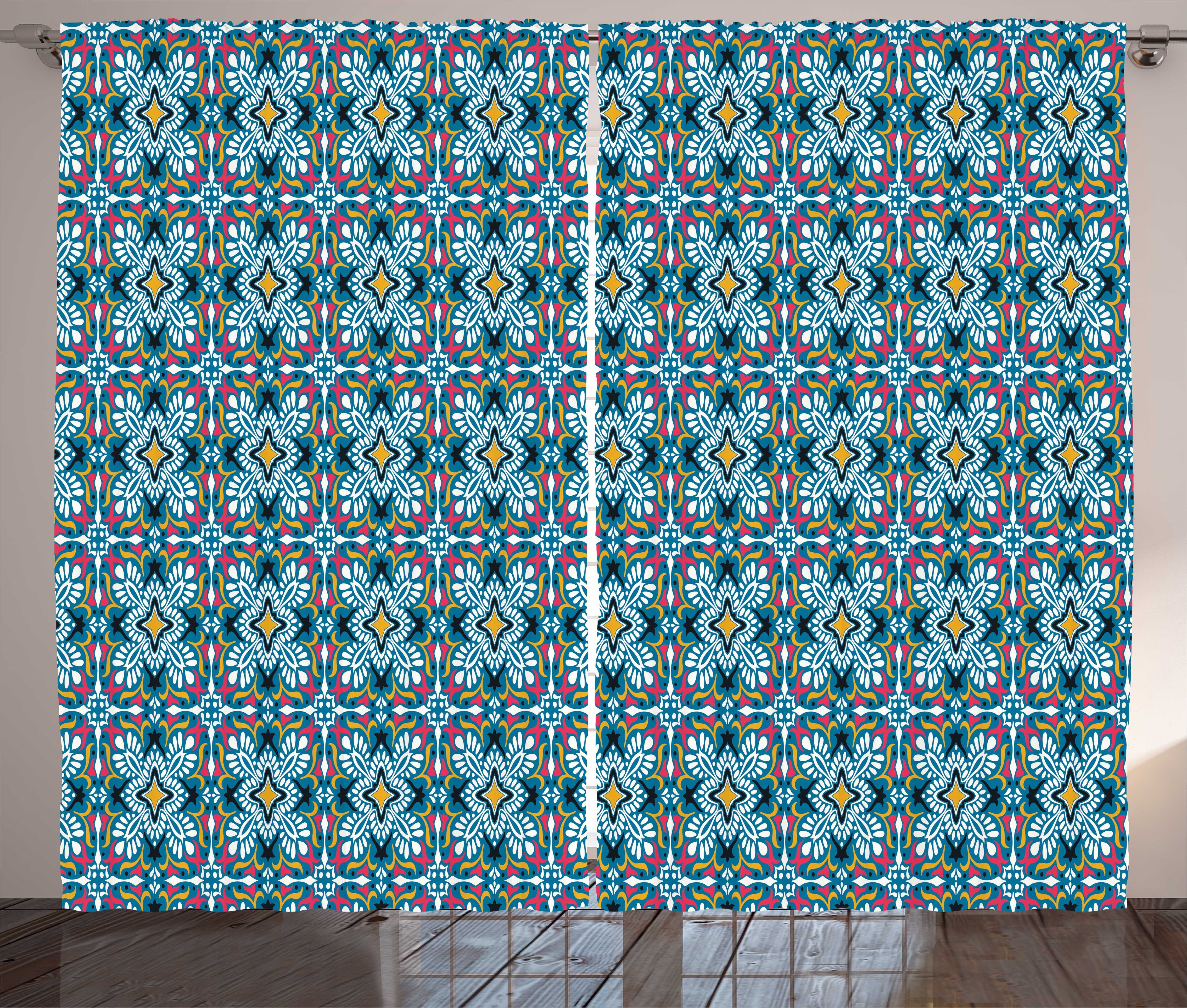 Gardine Kräuselband Azulejo-Art-Blumenfliesen-Kunst Boho Vorhang und Schlafzimmer Abakuhaus, mit Haken, Schlaufen
