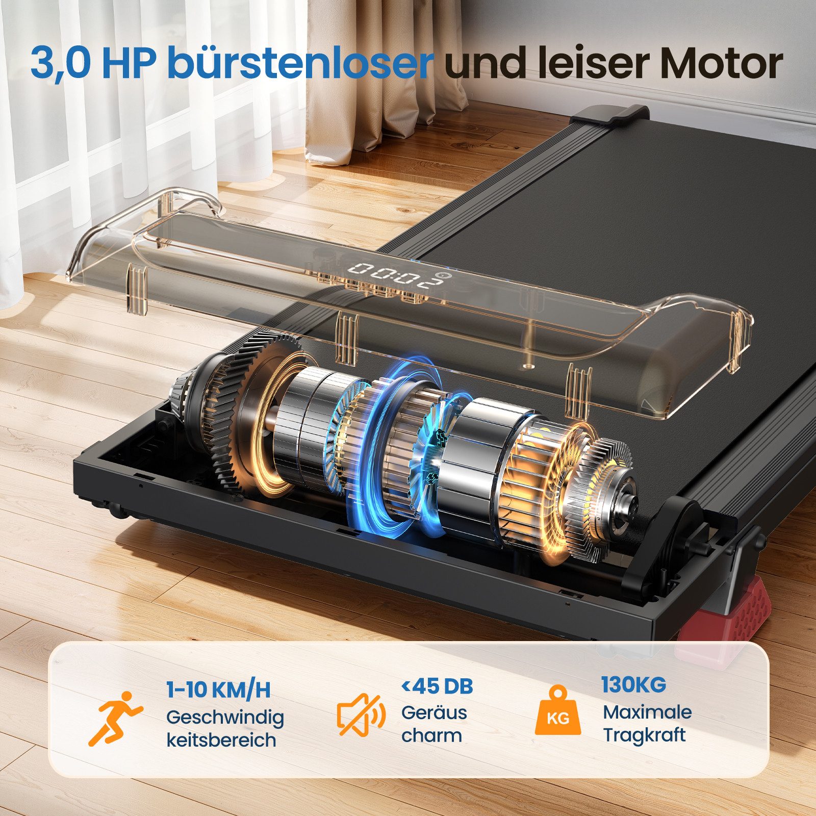Dskeuzeew Laufband Tragbar Laufbänder 3 in 1 - Laufband mit 8% Steigung (Laufgerät für Zuhause bis 130KG - LED-Anzeige - Noise<45db), 1-10 km/h - Elektrisches 3.0 PS Bürstenloser Motor