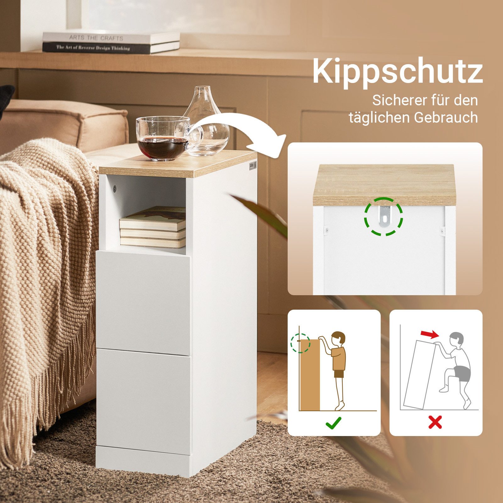 SoBuy Beistelltisch FBT149, Nachtschrank Beistelltisch mit 2 Schubladen, Nachttisch schmal, Platzsparendes Möbelstück für Schlafzimmer & Nischen, Ideal für Mieter