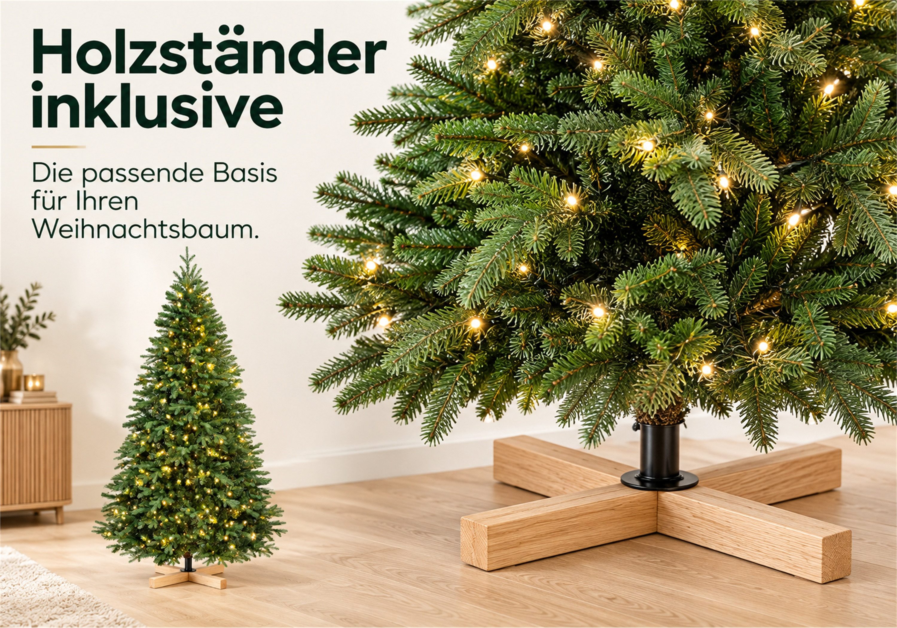 Vankel Künstlicher Weihnachtsbaum mit Beleuchtung, Holzständer, dichter Tannenbaum, grüne Weihnachtsdeko, Dichter Tannenbaum in Grün mit dekorativem Holzfuß und – Bild 5 von 5