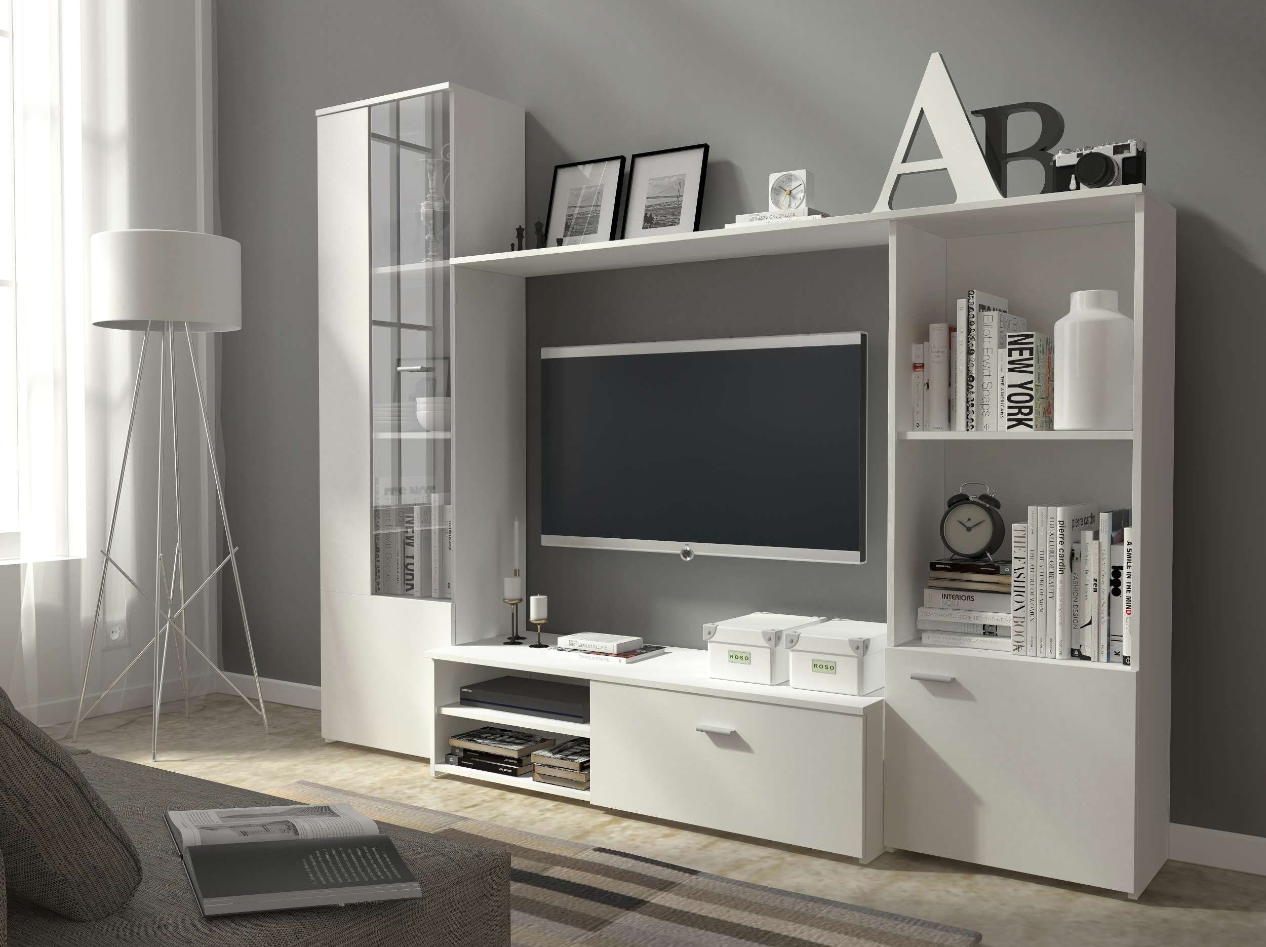 Stylefy Wohnwand Daff, (Set (3-St), Wohnzimmer-Set), bestehend aus 1xLowboard, 1xRegalschrank und 1xStandvitrine, viel Stauraum, Modern Design Weiß