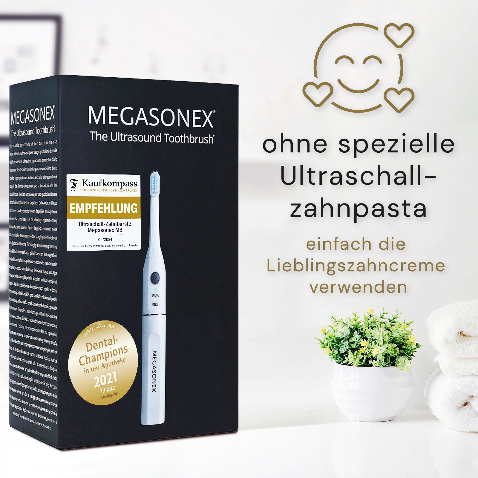 Megasonex Ultraschallzahnbürste M8, Aufsteckbürsten: 2 St., Ultraschall-Zahnbürste mit Ladestation, 2 Bürstenköpfen & Reiseetui