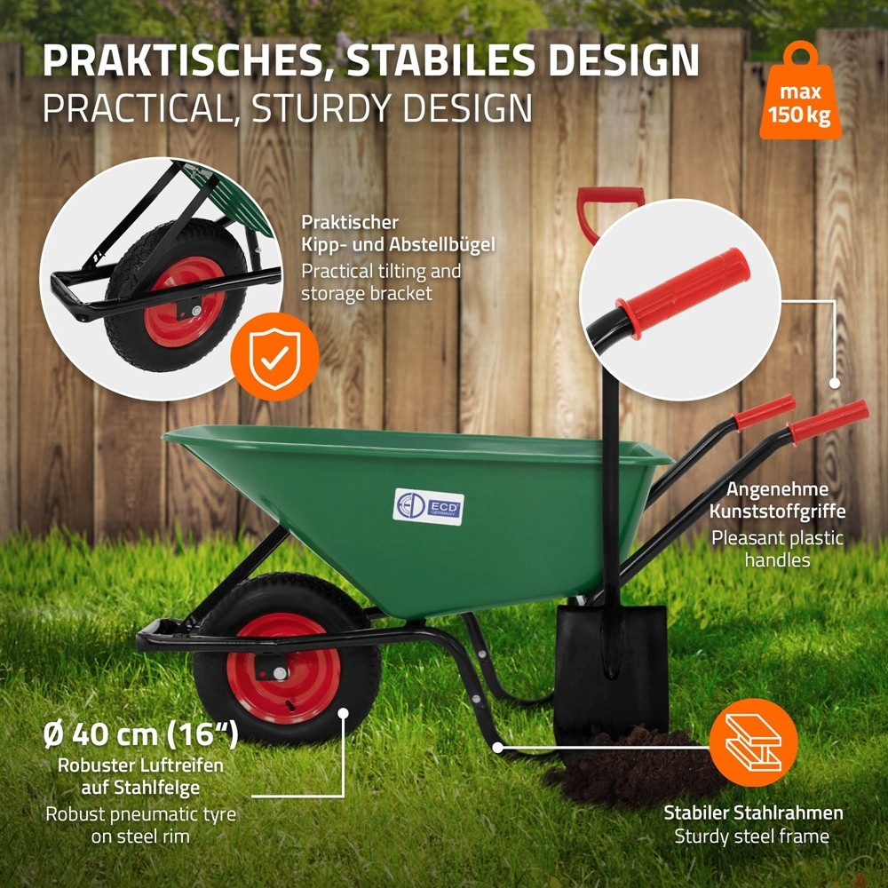 ECD Germany Schubkarre Bauschubkarre Transportkarre für Garten 100L mit Metallfelge, Gartenschubkarre Polypropylen Wanne Grün 143cmx59cmx65cm Arbeitskarre
