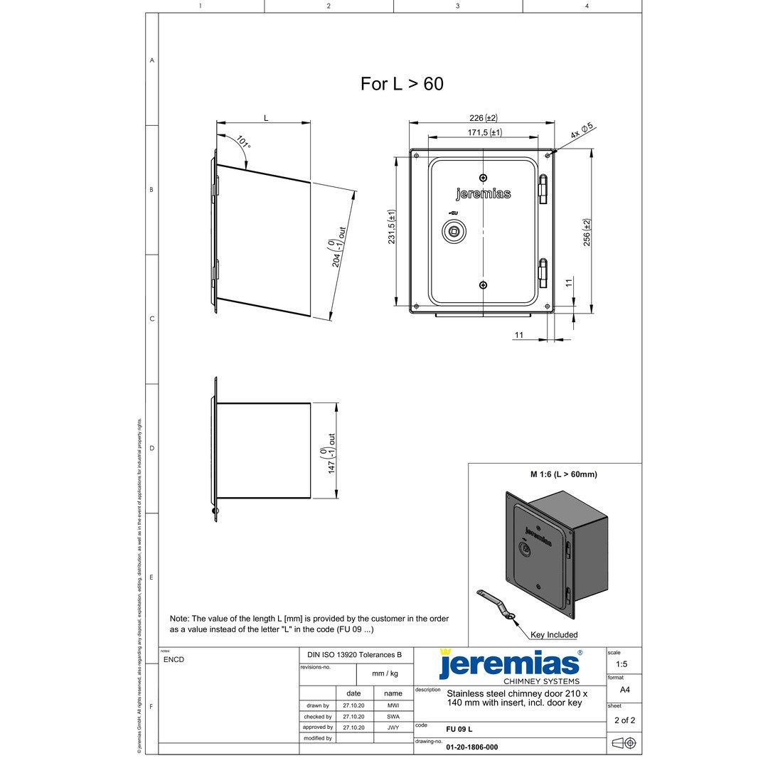Jeremias Schornstein EW-FU Edelst.kamintür 210 x 140 mm m. Schiebest. 150 mm (schräg)