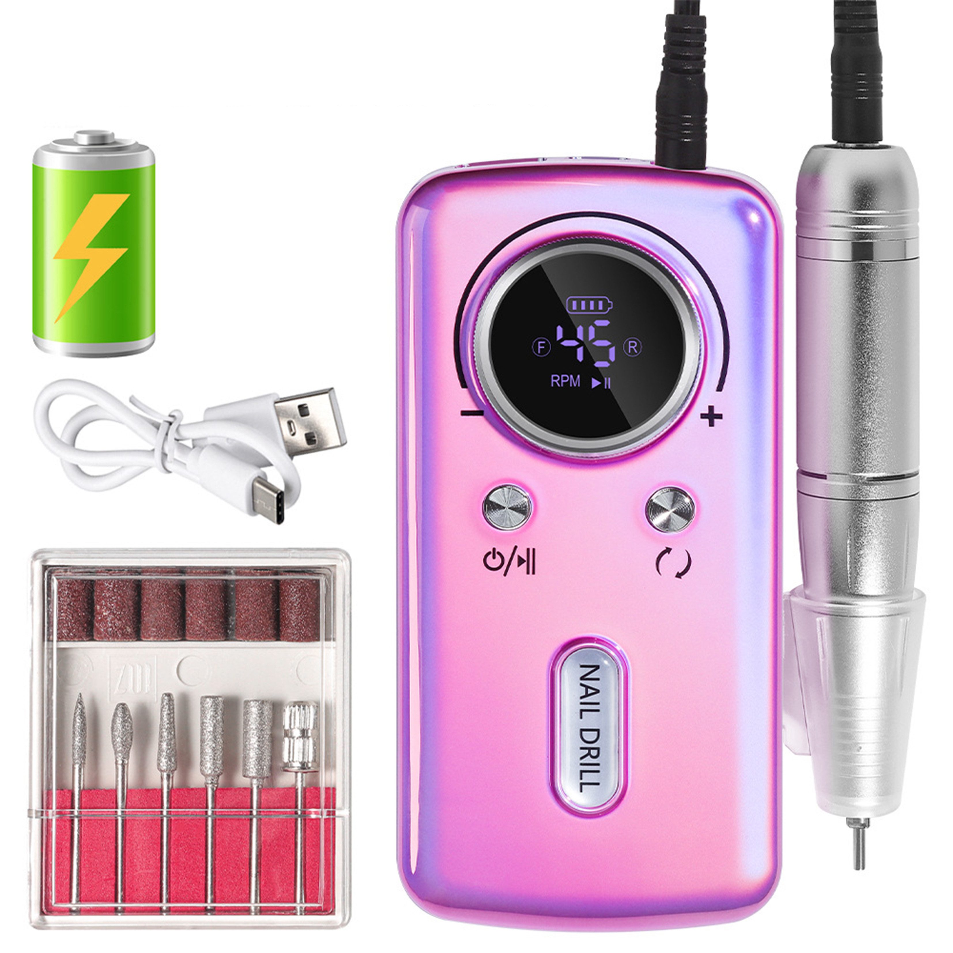 KINSI Maniküre-Pediküre-Set Kabelloser Nagelfräser 45000 RPM, Akku‑Nagelbohrer mit LCD‑Display, nkl. 6 Bohraufsätze & Schleifhülsen,für Gel und Acrylnägel