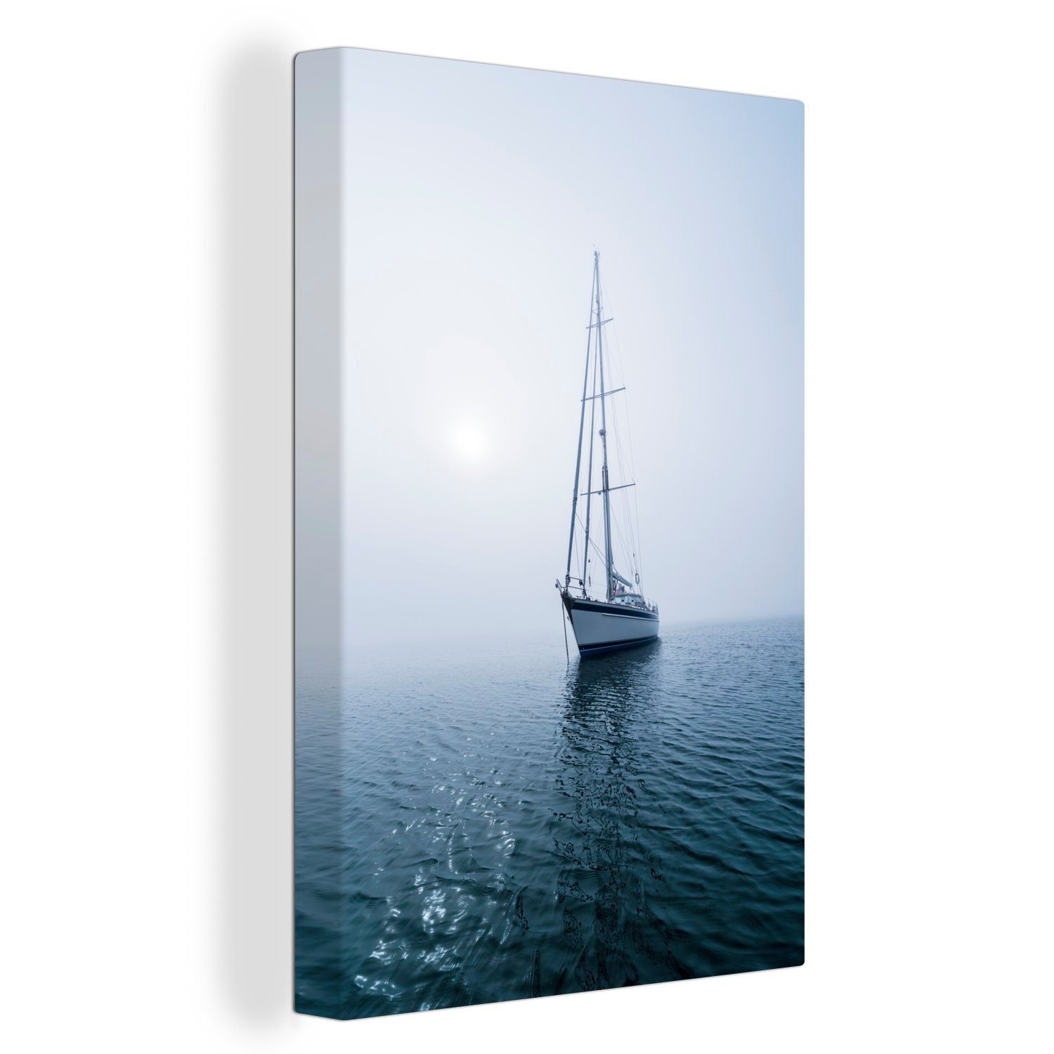OneMillionCanvasses® Leinwandbild Segelboot ist im Nebel vor Anker gegangen, (1 St), Leinwandbild fertig bespannt inkl. Zackenaufhänger, Gemälde, 20x30 cm