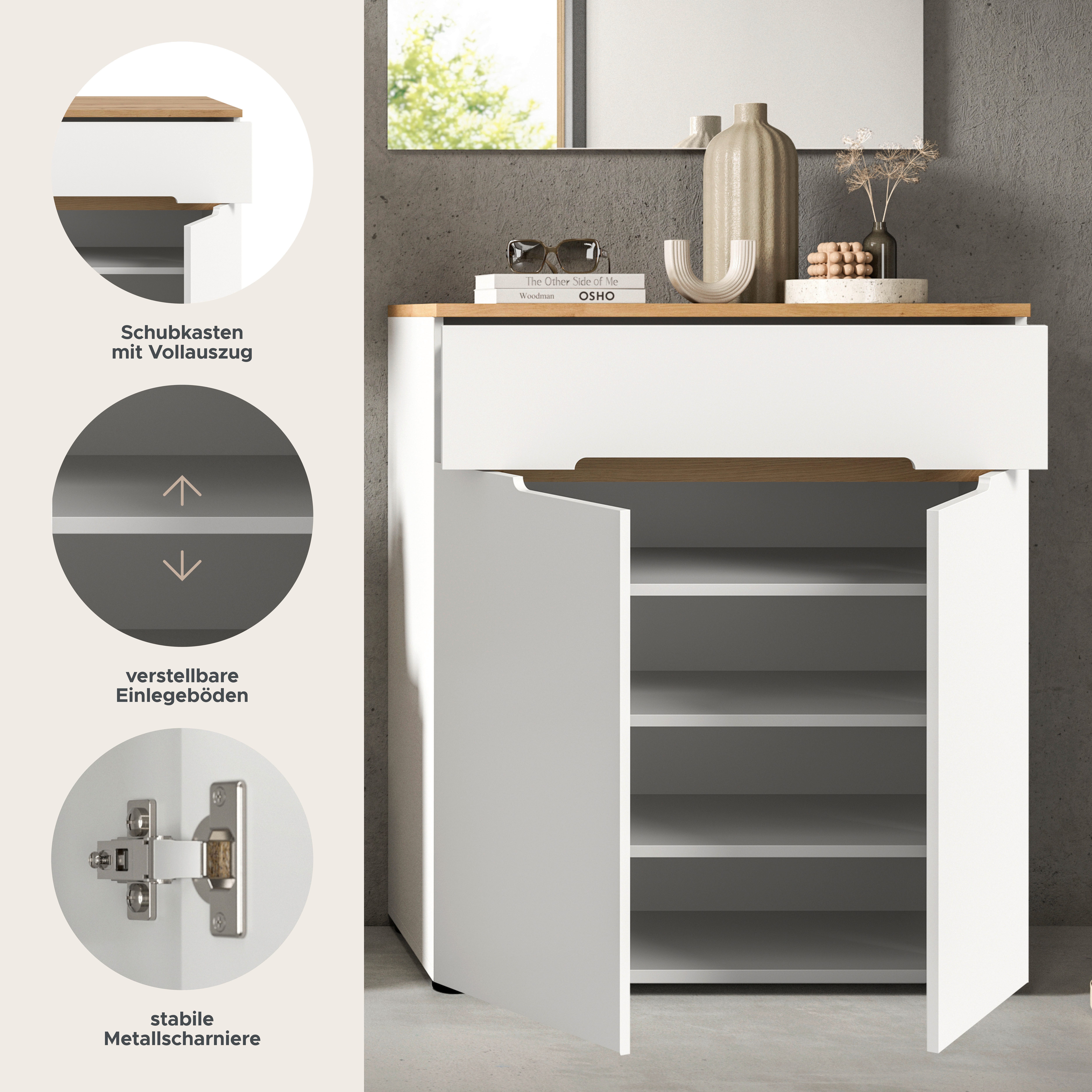Home affaire Schuhkommode REHAT, TOPSELLER!, Breite 80cm, 2 Türen, 1 Schubkasten, 4 Fächer (1 St., in verschiedenen Farben erhältlich, Platz für ca. 12 Paar Schuhe), Schuhschrank, Kommode, Garderobenschrank, Anrichte, Sideboard