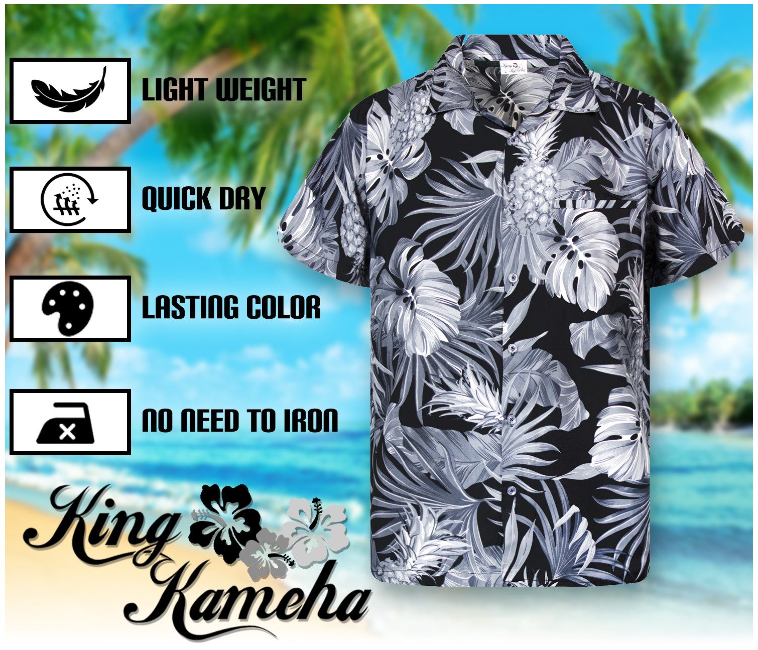 King Kameha Hawaiihemd Pineapple Leaves Funky Hawaii-Hemd Kurzarm Front-Tasche Unisex – Bild 5 von 5
