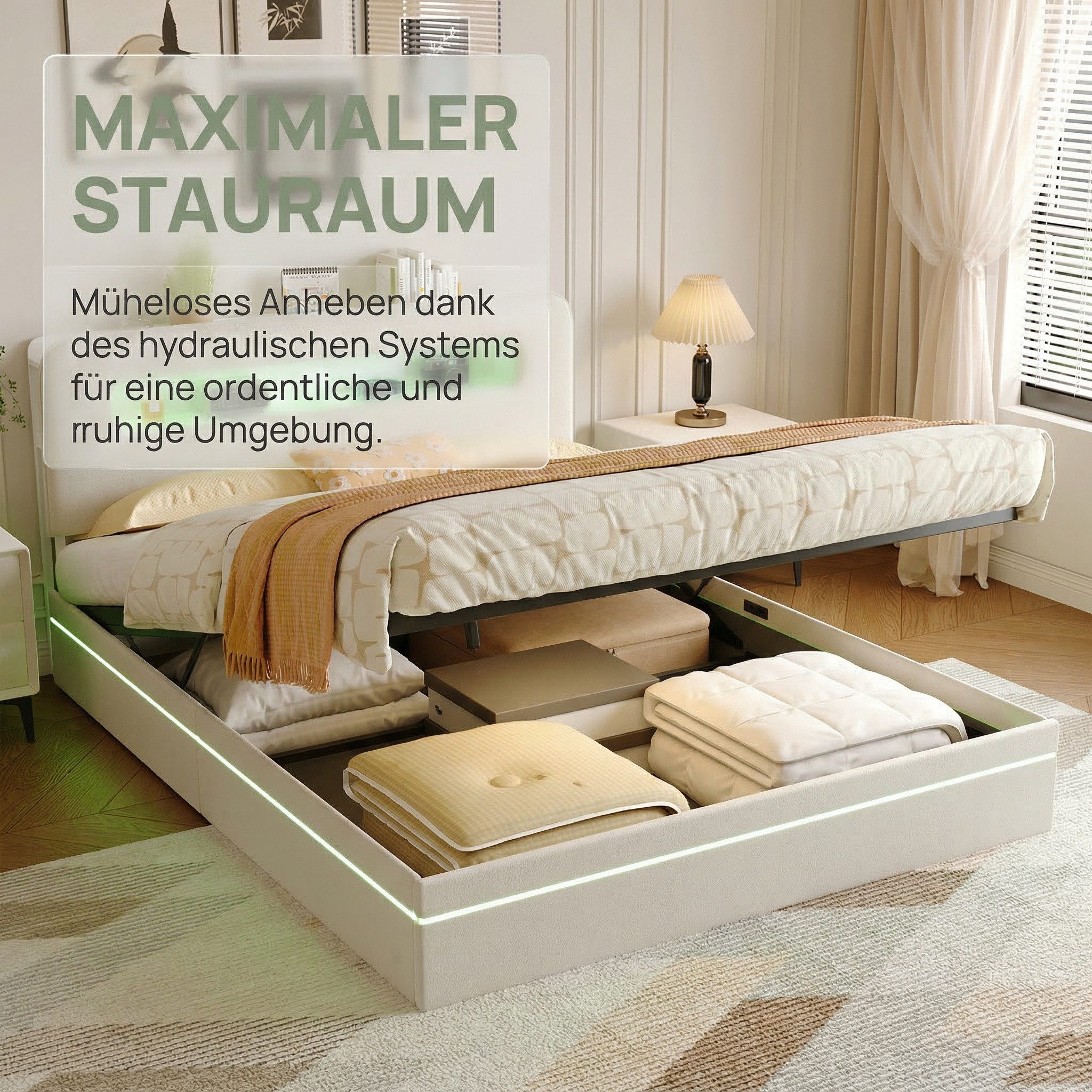 PXloue Polsterbett LED Doppelbett 140x200 cm (USB-Ladeanschluss), Bettkasten, Ladefunktion, Teddysamt, 160x200