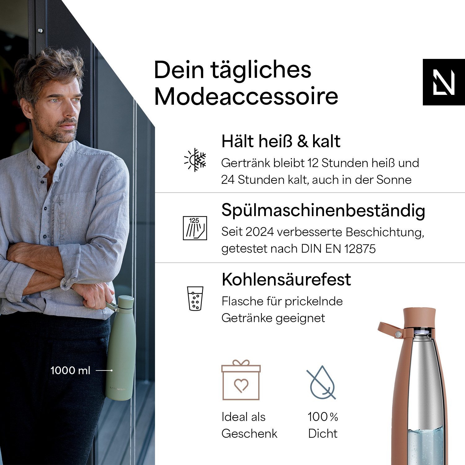 LARS NYSØM Thermoflasche Nåde, Vakuum Isolierung & Trageschlaufe: 12h heiß / 24h kühl