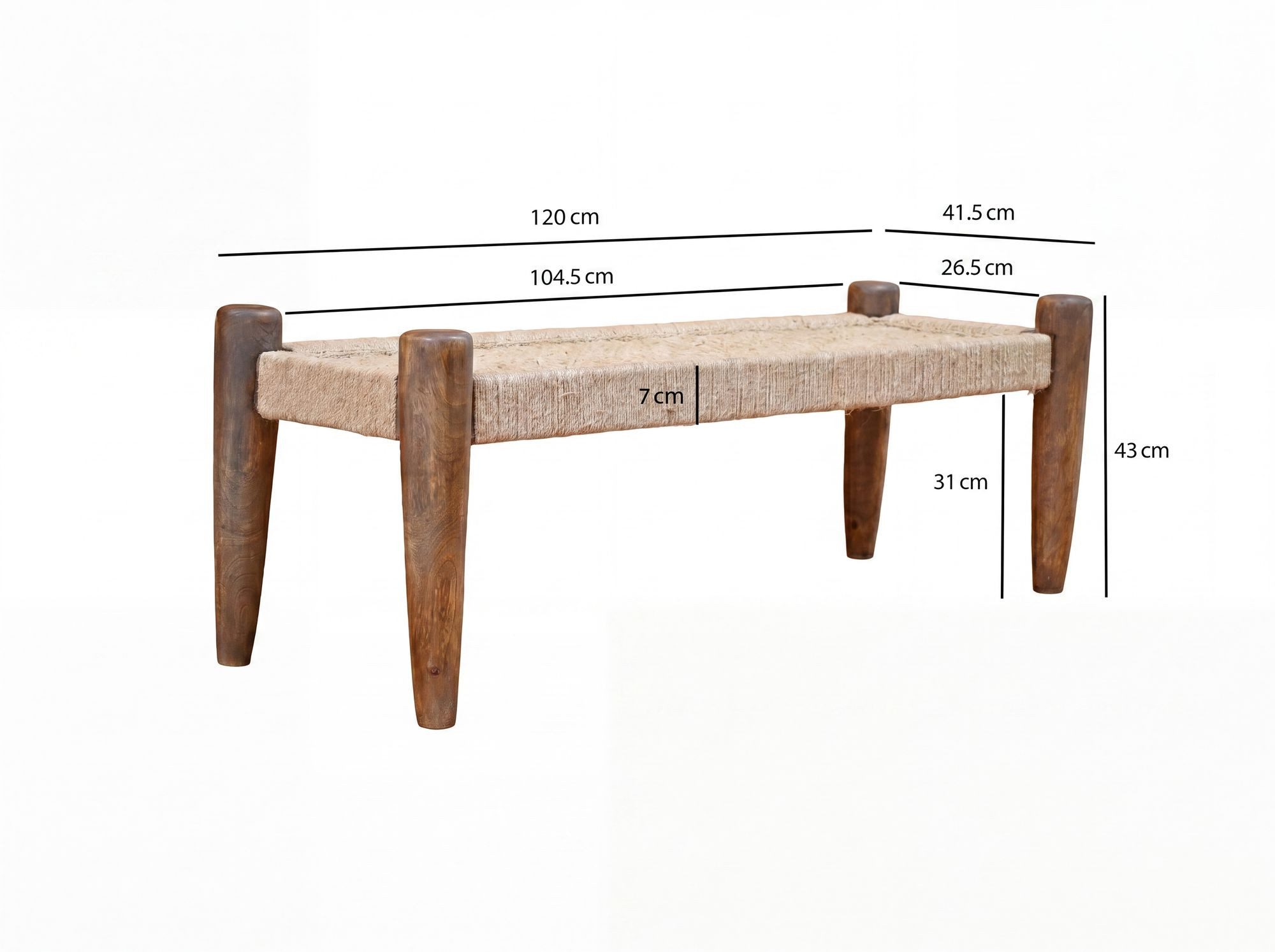 FINEBUY Sitzbank FB117782 Polsterbank Flurbank Massivholz Holzbank Jute Braun 120cm (Bequemes Sitzmöbel für dein Zuhause), Komfortable Polsterbank mit Massivholz-Beinen