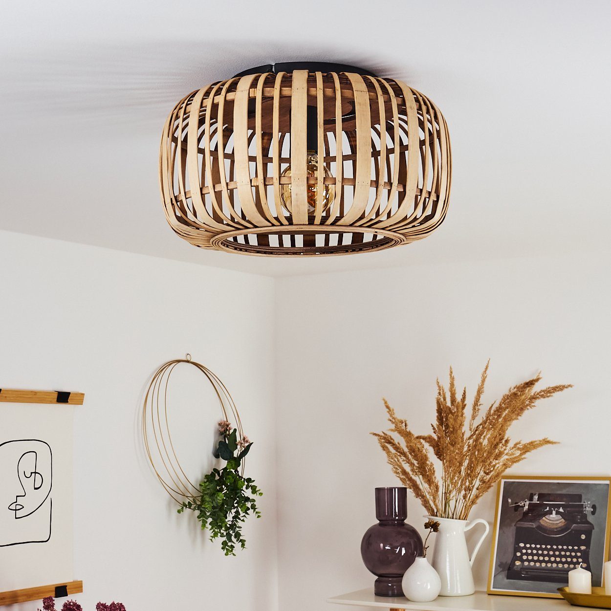 hofstein Deckenleuchte »Padra« runde Deckenlampe aus Metall in schwarz und Holz in hellbraun, ohne Leuchtmittel, Vintage/Boho Look Zimmerlampe, 1xE27