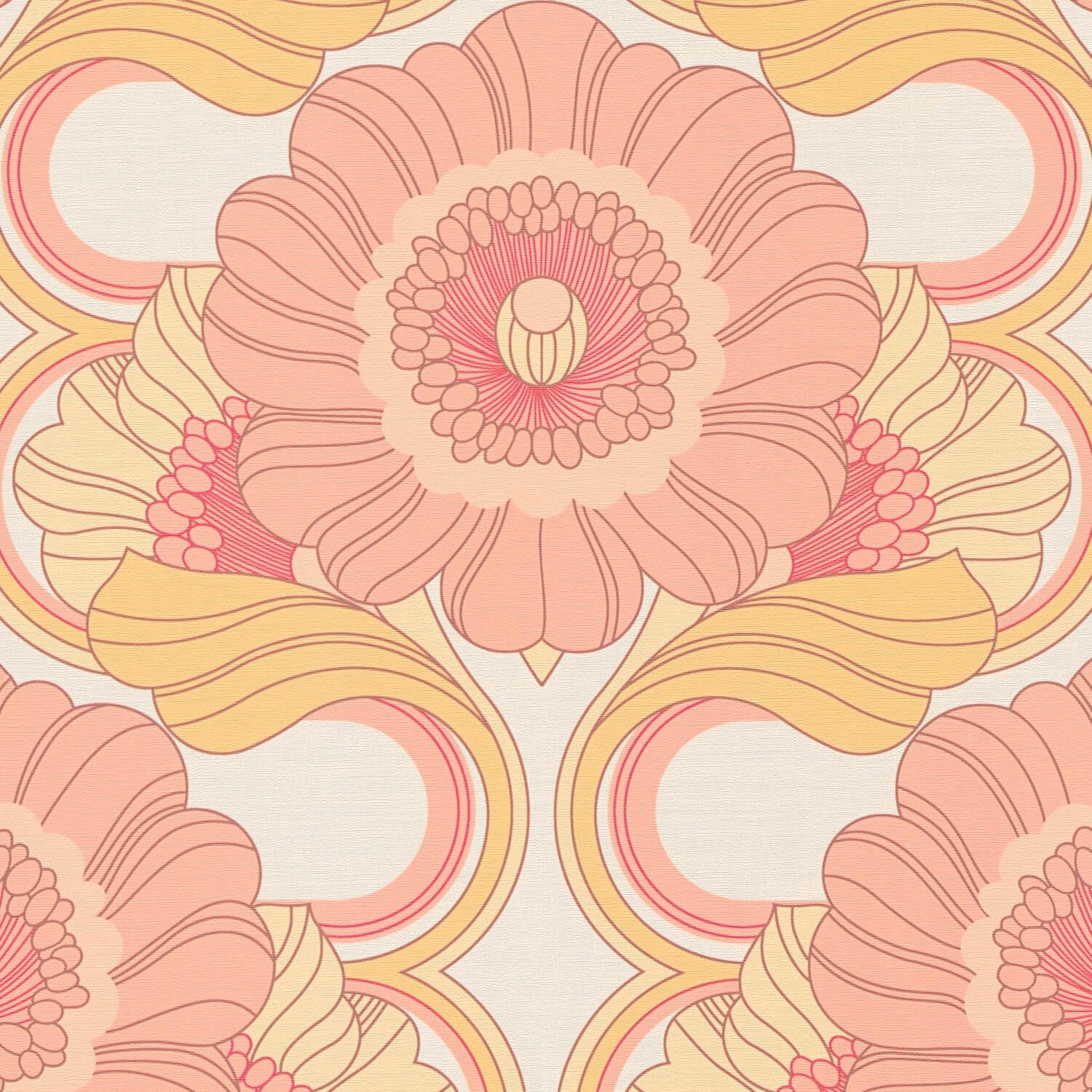 Profhome Vliestapete 395305-GU Retro Tapete Blumen matt rosa creme-weiß ocker-gelb, geprägt, (1 Rolle, 4,51 qm), heißgeprägte Vliestapete, altrosa